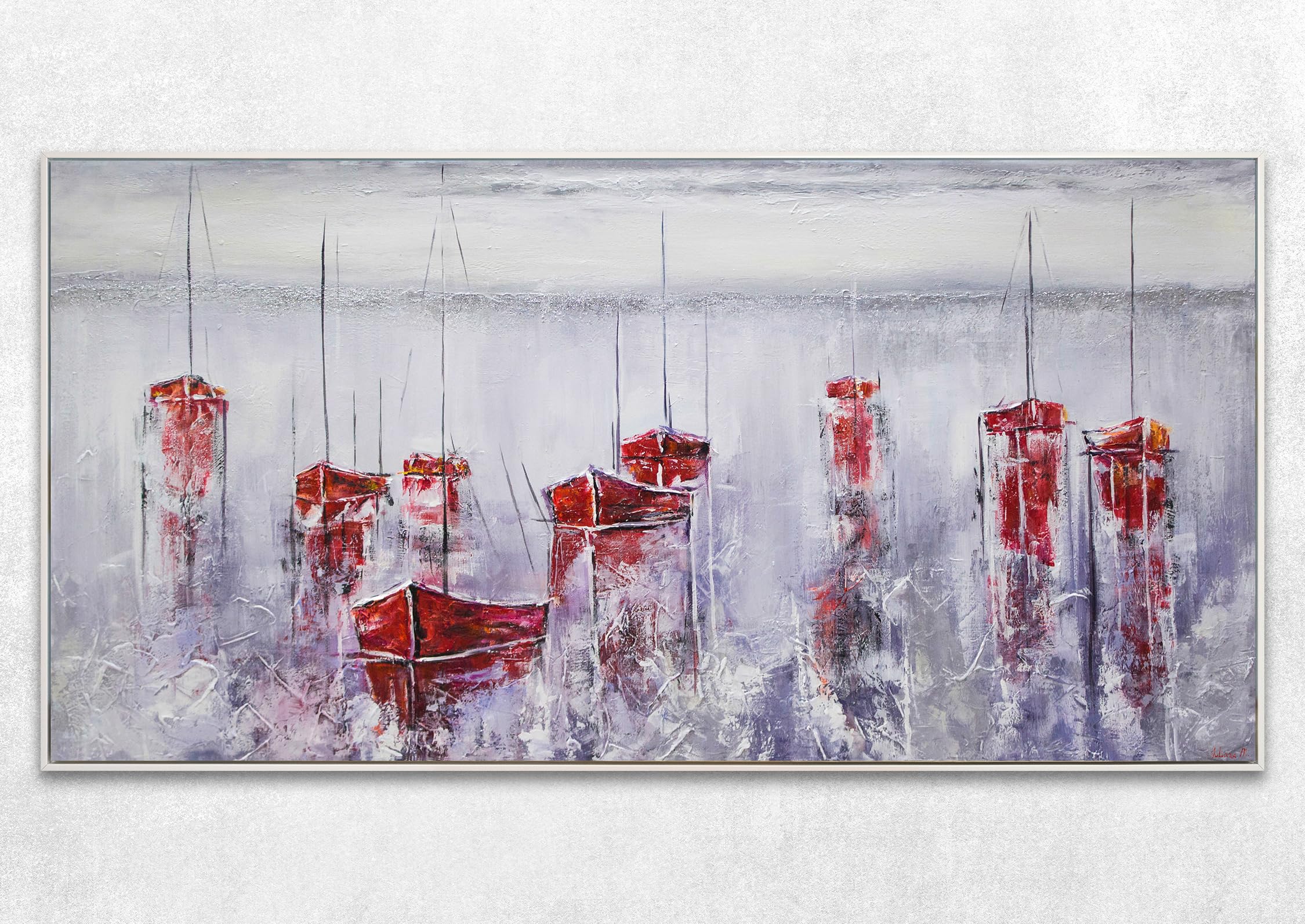 YS Tableau peinte à la main Un port tranquille Toile abstraite moderne voiliers rouges paysage marin brumeux Surface texturée avec cadre 160x80 cm