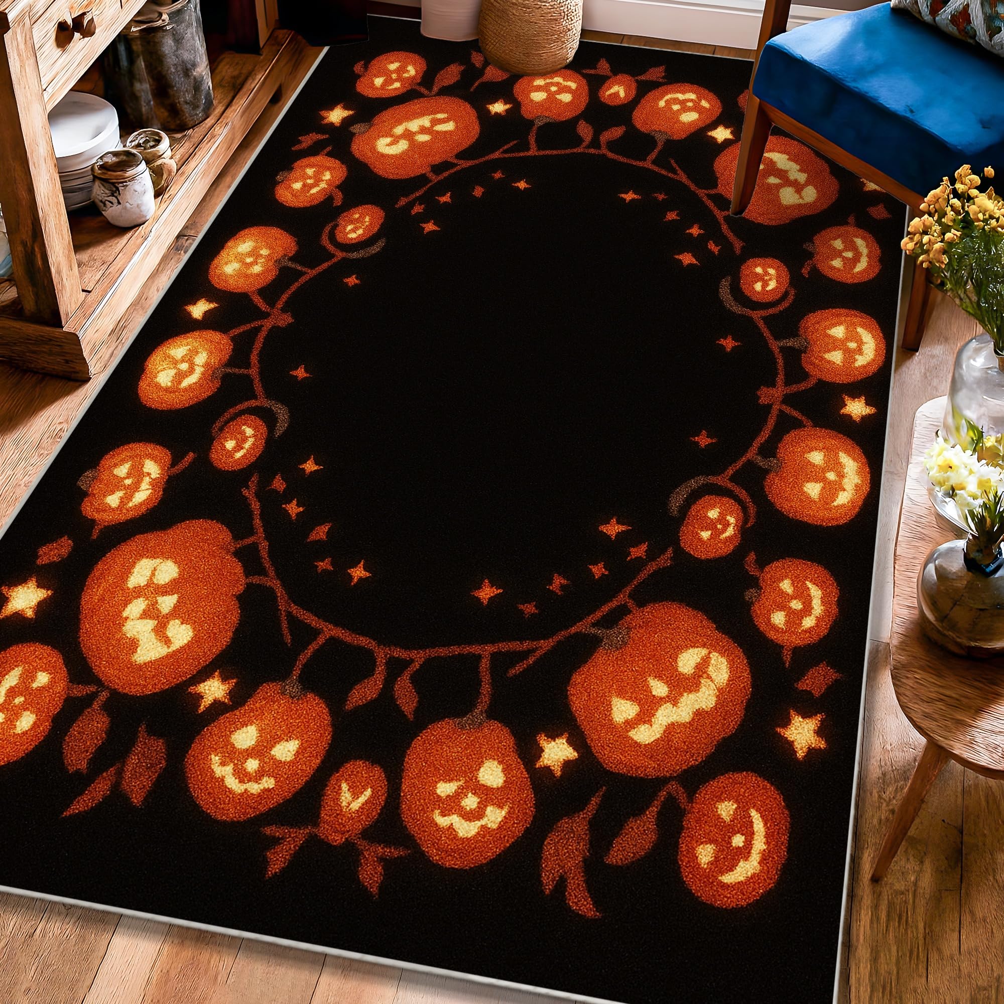 Tapis d'Halloween citrouille orange 1,2m avec envers antidérapant résistant pour chambre
