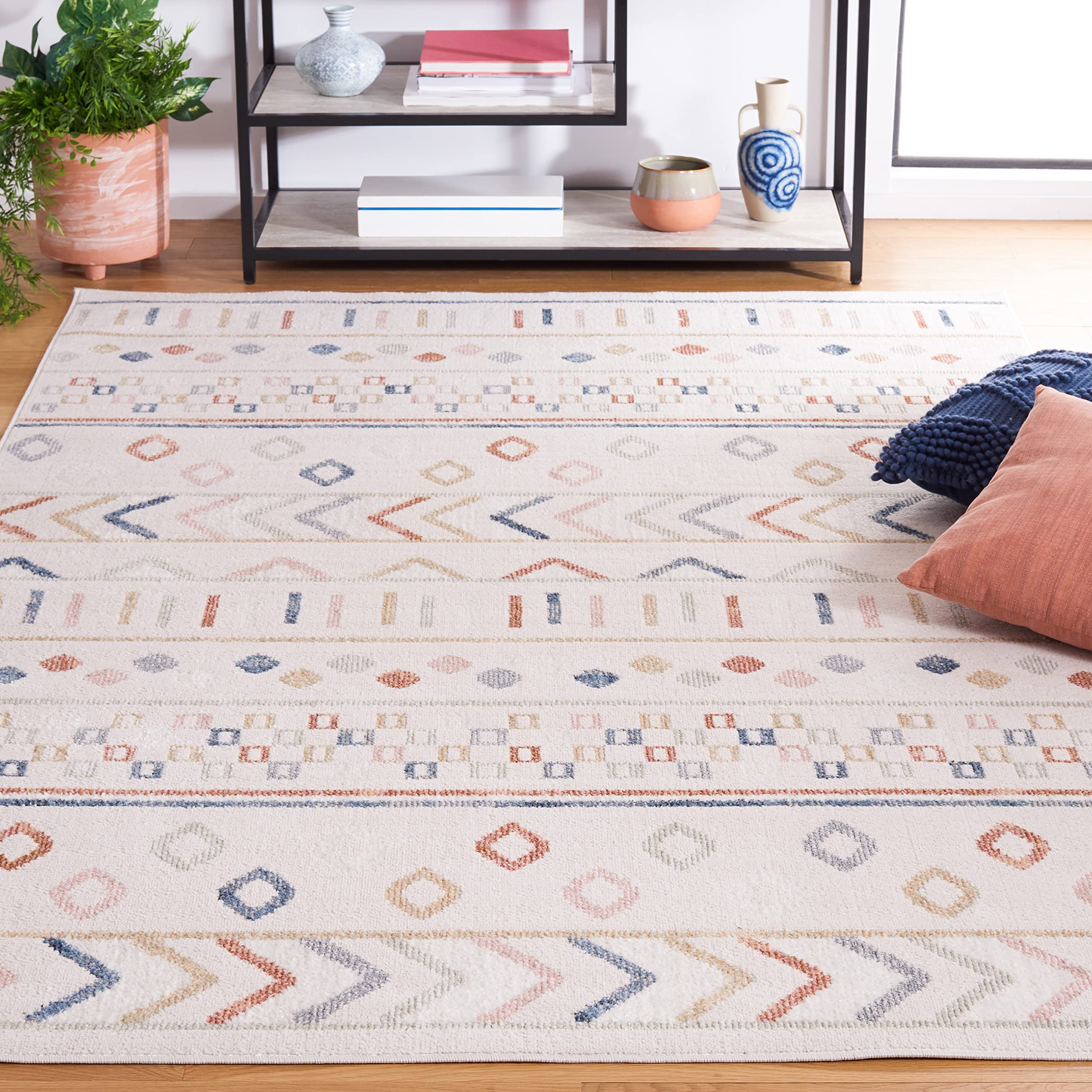 SAFAVIEH Washable Rug Blair Collection - 4' x 6', Beige & Multicolored, Easy Cleaning, Ideal for in Living Room, Bedroom, Home Office, Dining Space (