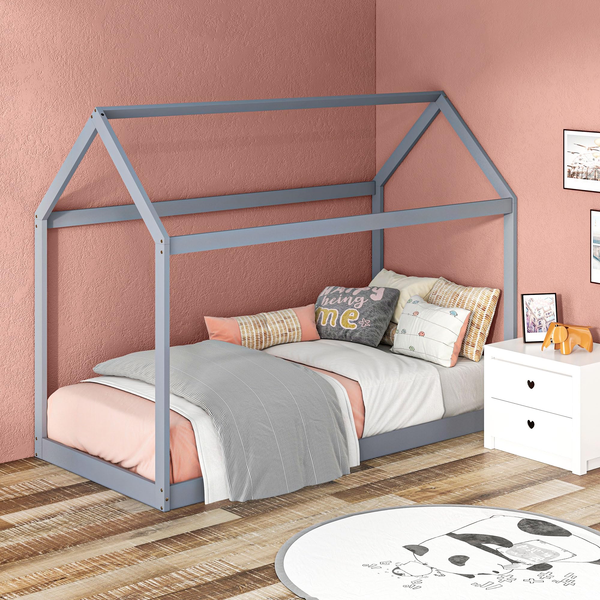 HOMCOM Single Bed Frame House Scandinavian Style for 90W x 190Dcm Grey