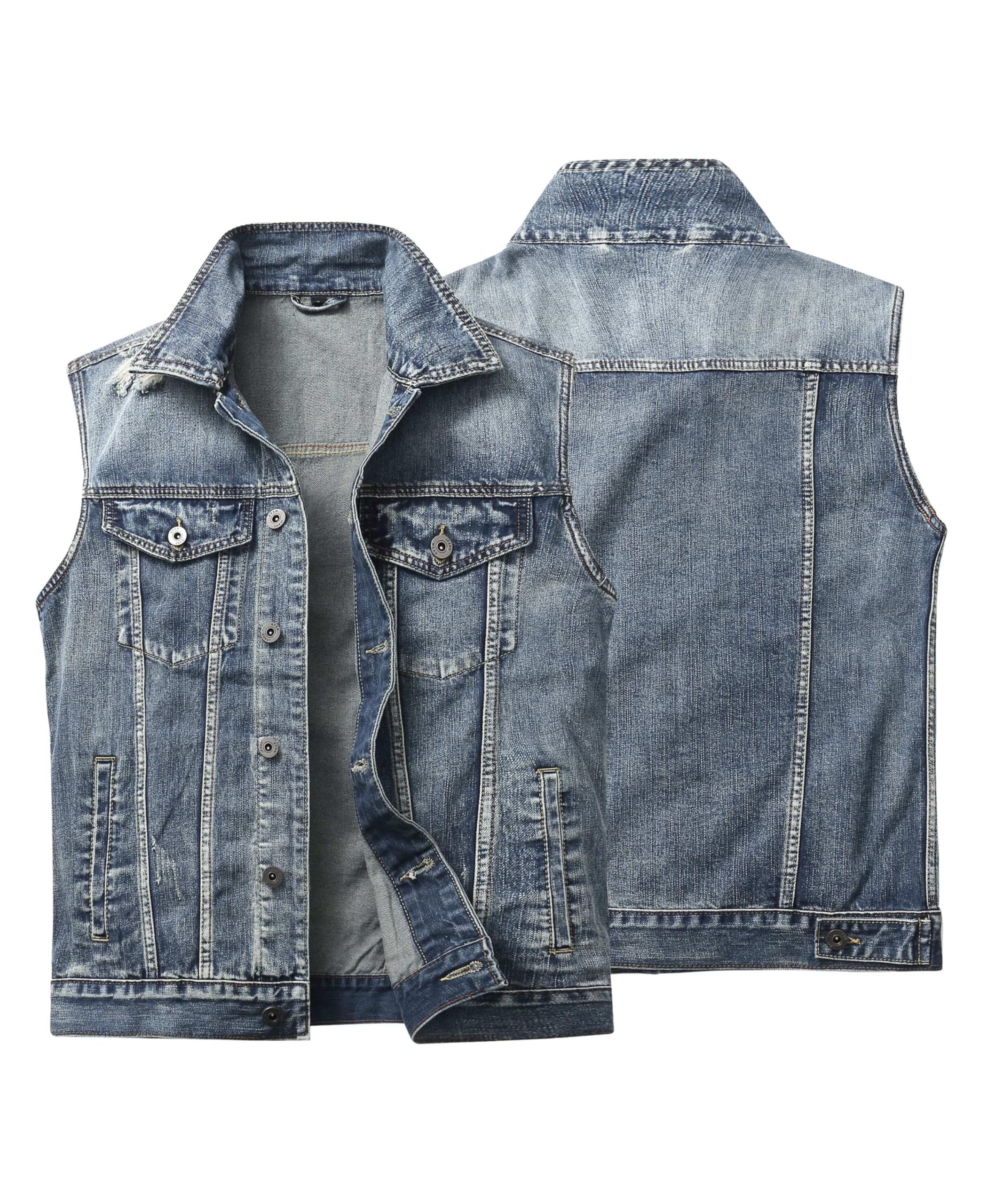 Gilet homme Denim Déchiré Rétro Cowboy Veste Décontractée Sans Manches Jean Veste de Moto Courte Denim Revers Vintage Gilet