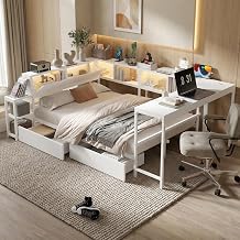 Twin Corner Bed Frame with Desk and Storage, Twin Size Daybed with Bookcase Shelves, LED Lights & Charging Station, L-Shaped Bed with Storage Drawers for Kids Teens, No Box Spring Needed White