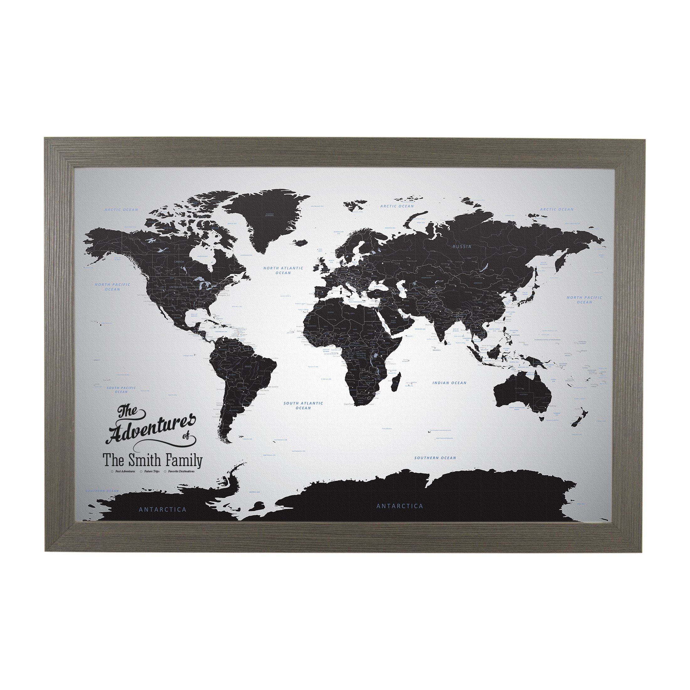 Canvas - Personalized Black Ice World Push Pin Travel Map with Barnwood Gray Frame