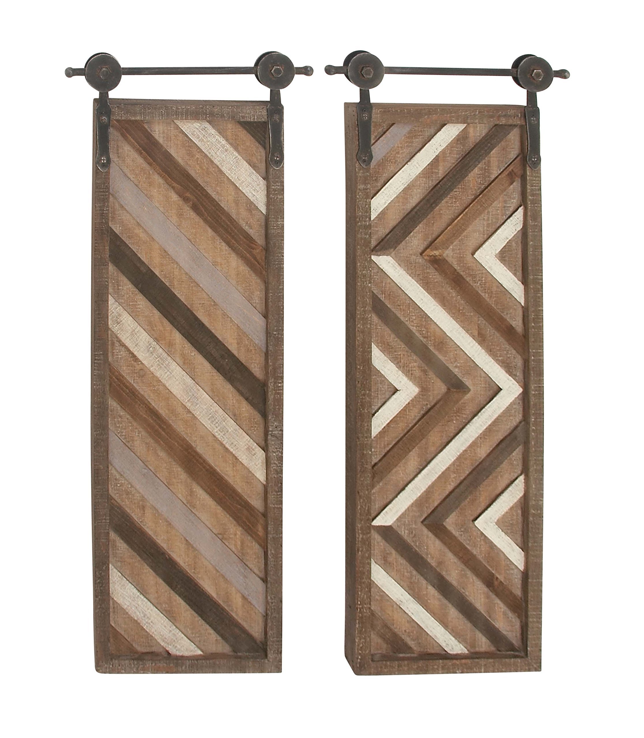 Deco 79 Wood Geometric Linear Carved Wall Decor with Suspended Frame, Set of 2 16"W, 39"H, Brown