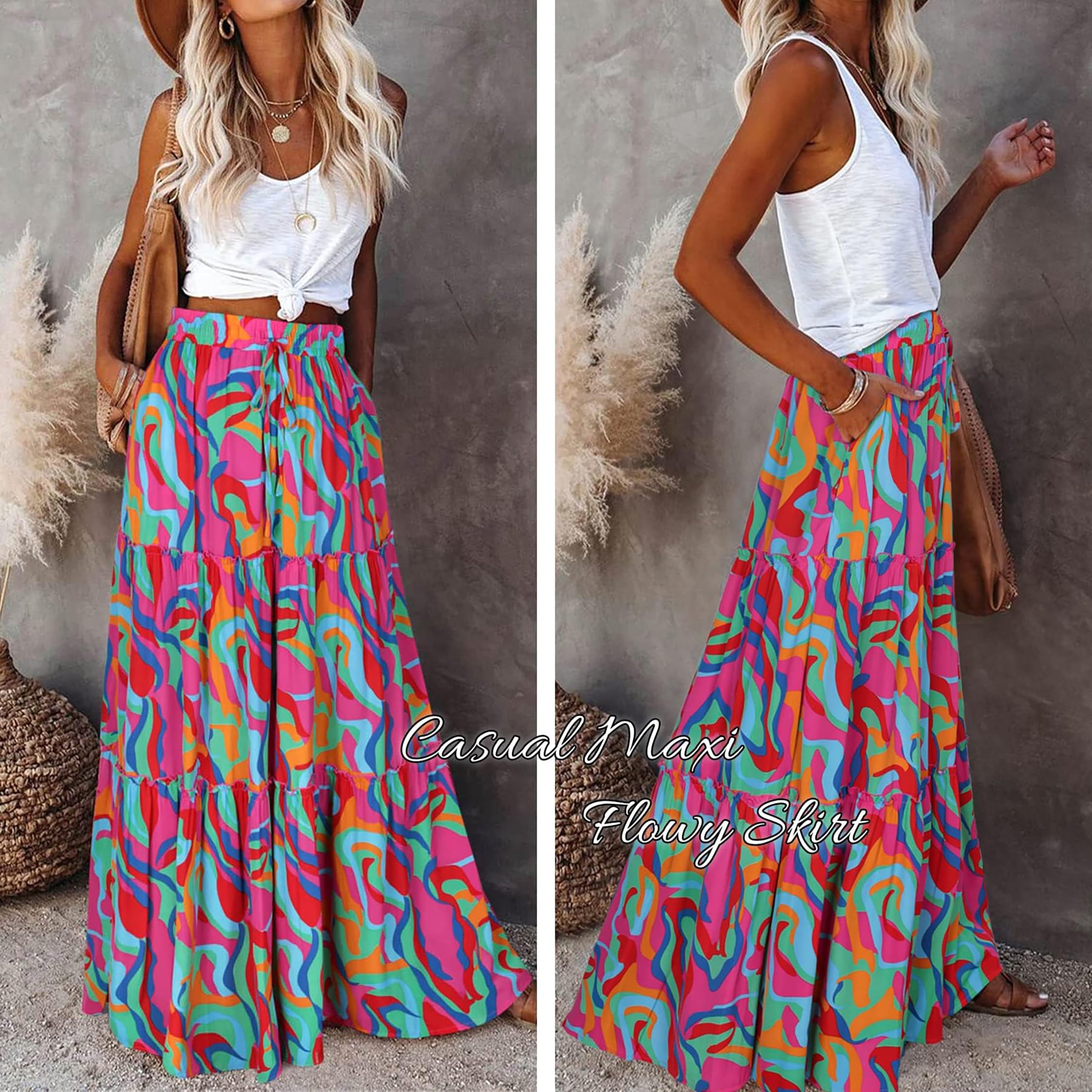 Timuspo Maxirock Damen Lang Elegant Boho Rock Casual Midirock A-Linie Einfarbig Sommerrock Röcke mit Taschen Elastische Hohe Taille Strandrock Freizeitrock