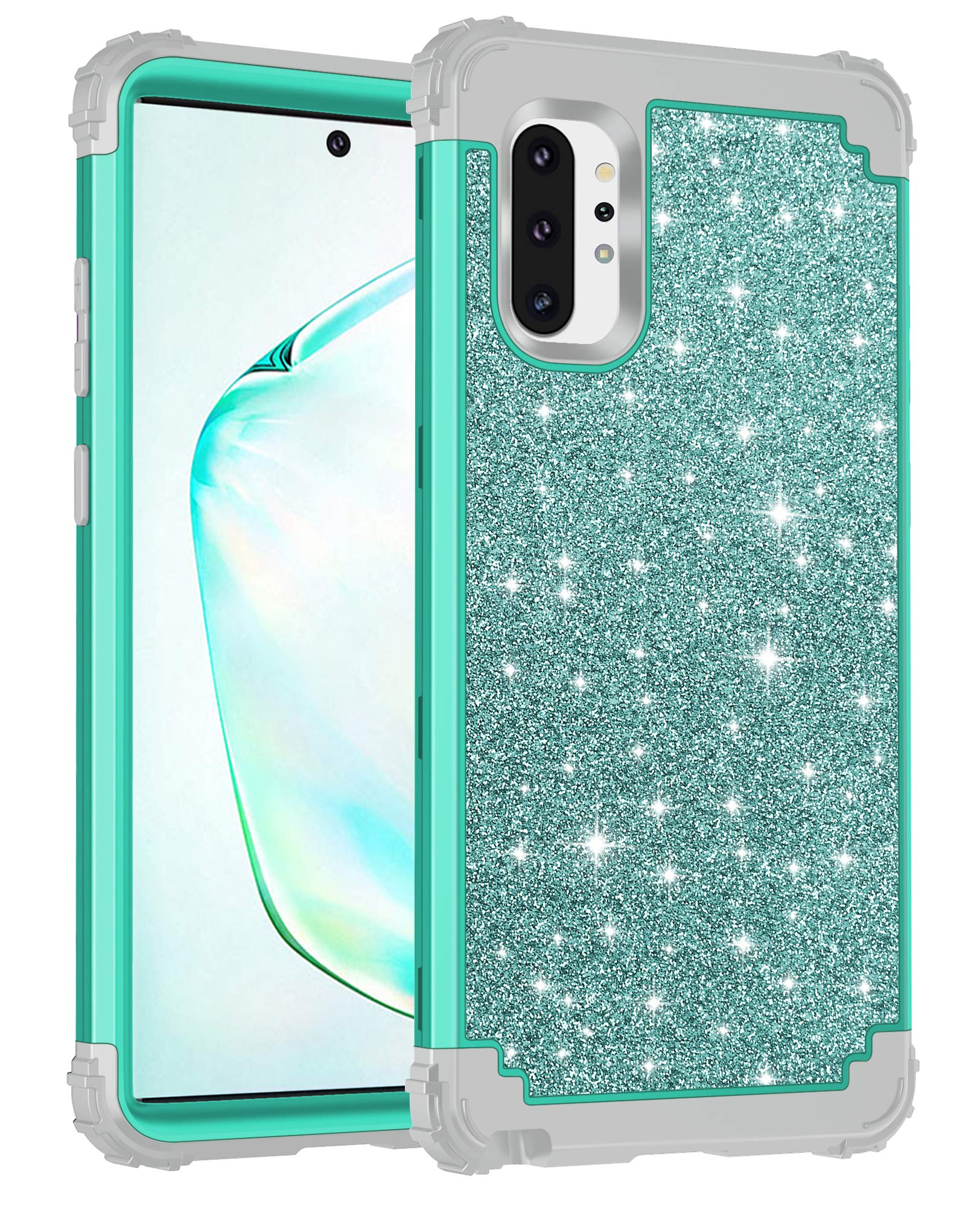 Lontect for Galaxy Note 10 Plus Case Luxury Glitter Sparkle Bling Heavy Duty Hybrid Sturdy High Impact Shockproof Protective Cover Case for Samsung Galaxy Note 10 Plus/5G, Shiny Teal