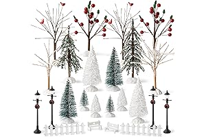 Haooryx 24 pcs Village Trees Accessories & Xmas Scene Figurines Decor