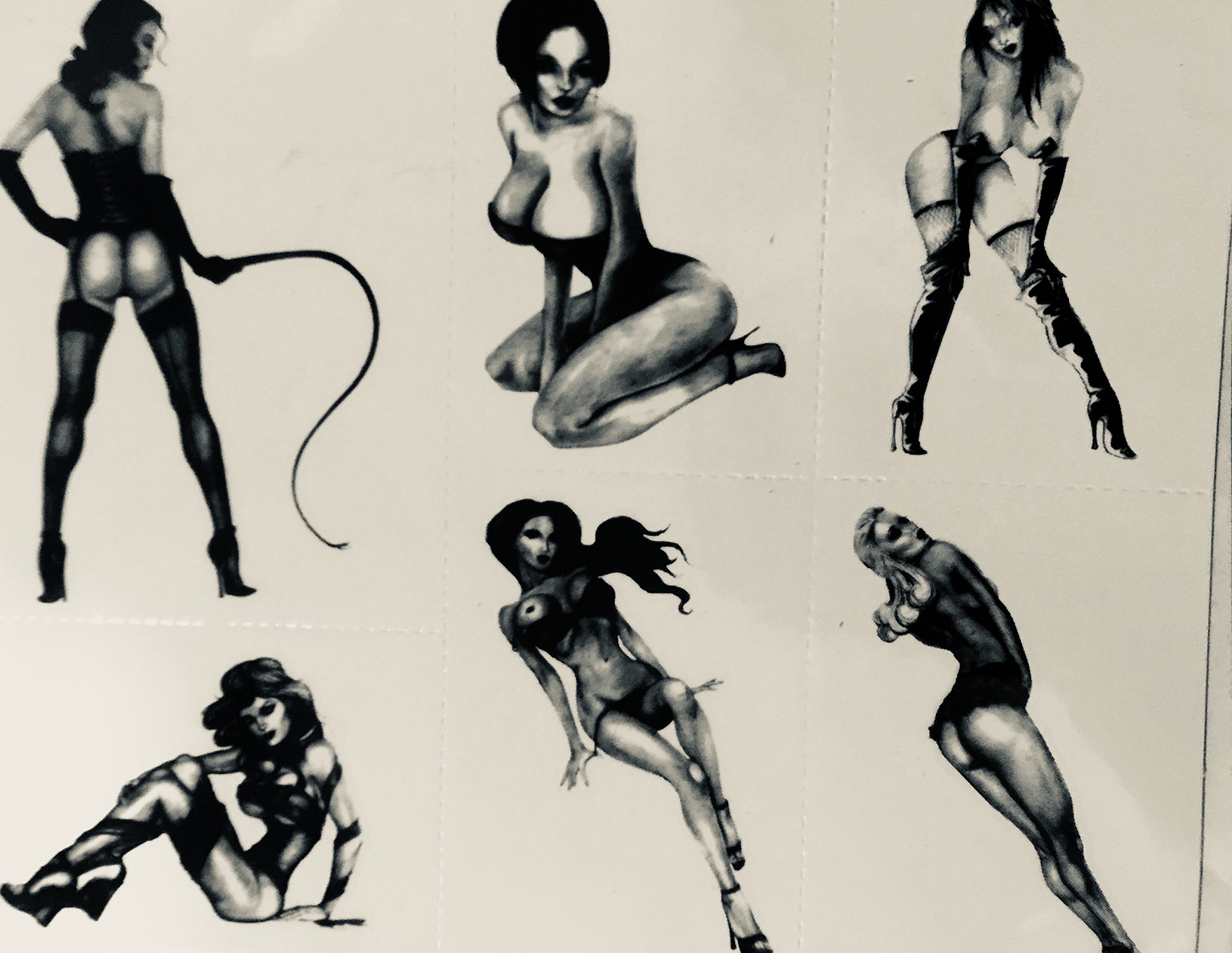 3 inches most except whip pinup 4 1/2” Black Henna style retro Pinup Girls 6 on sheets sexy tramp stamps long lasting