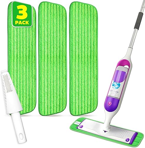 Paquete de 3 almohadillas de microfibra reutilizables, compatibles con Swiffer PowerMop y Bona Mop, paños lavables a máquina, raspador incluido,