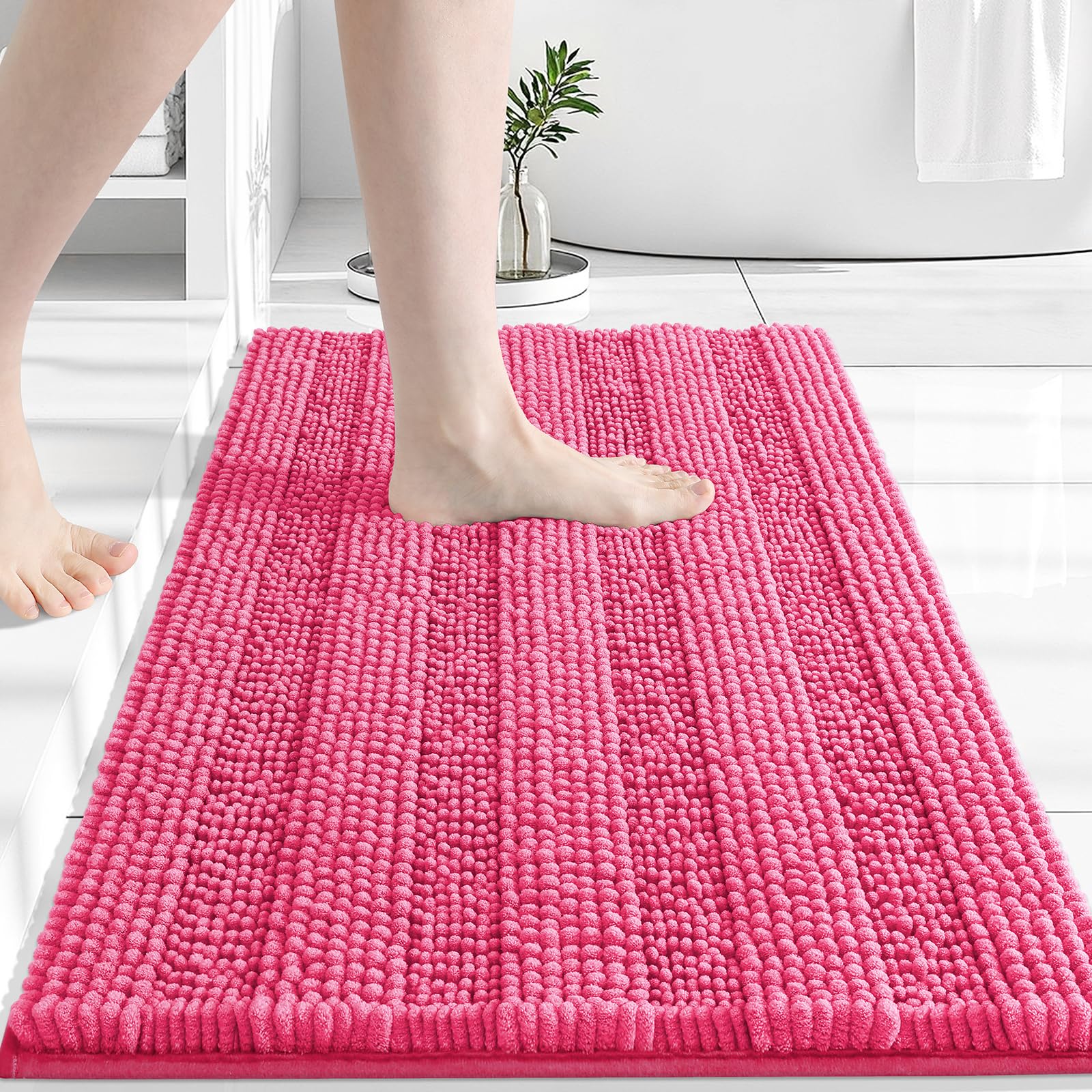 Grandaily Chenille Striped Bathroom Rugs 30x20, Extra Thick and Absorbent Bath Mats, Non-Slip Soft Plush Shaggy Shower Carpet, Machine Wash Dry, Bath