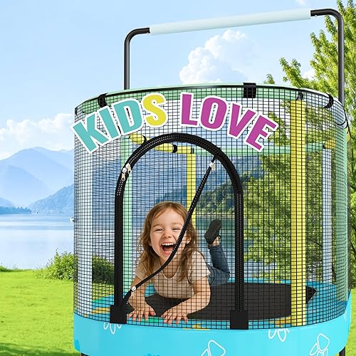 Miniatura 3 de Lamerge Kids Trampoline, Toddler Bouncing Trampoline with Safety Enclosure Net, ASTM-Approved, 500lbs Capacity, Ages 1-8, Adjustable Handrail, Azul