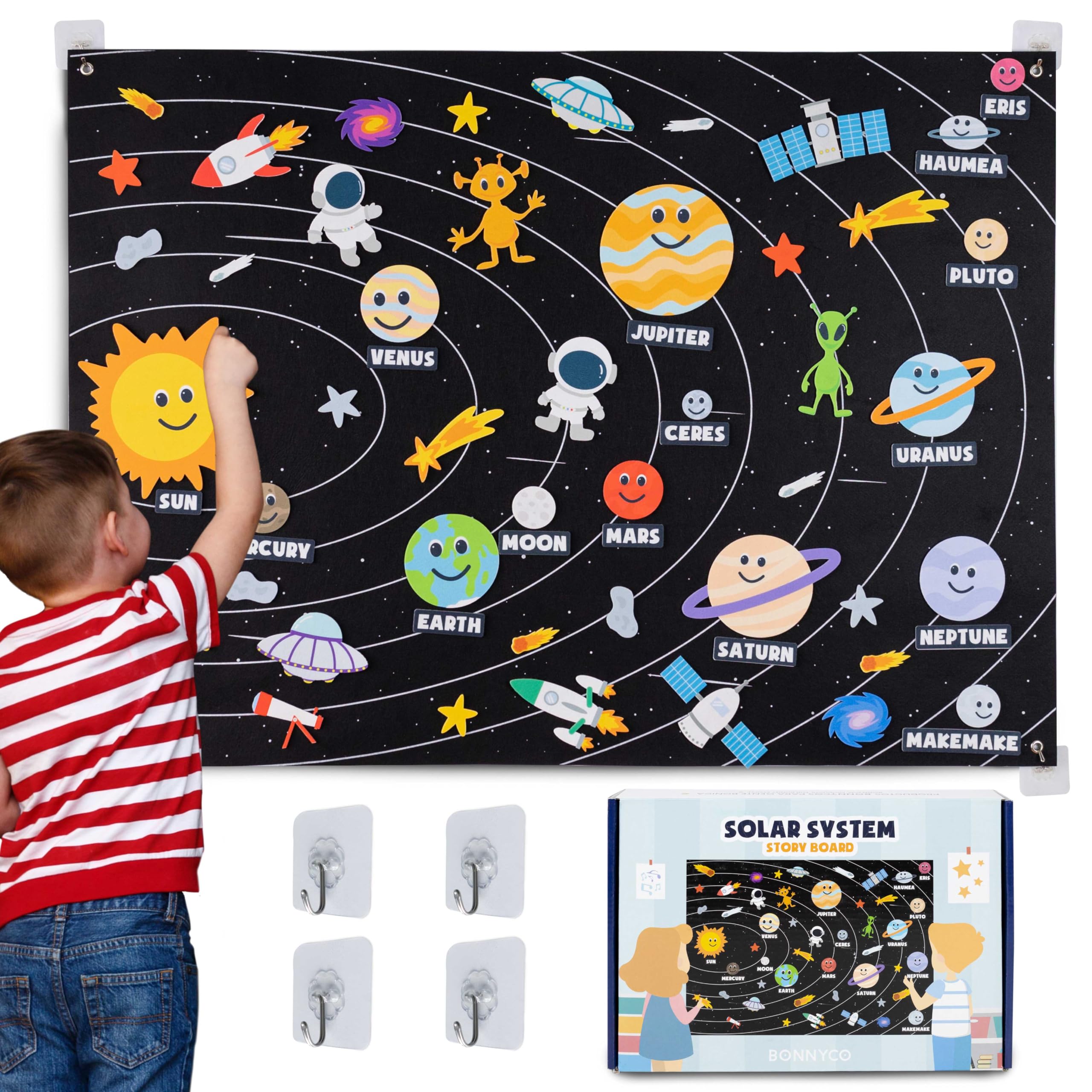 Solar System for Kids Toys with 61 Felt Figures - BONNYCO | Space Montessori Toys, Girls Boys Birthday Gifts Planets | Felt Board for Toddlers Story, Educational Kids Gifts 3 4 5 6 7 8 Years Christmas