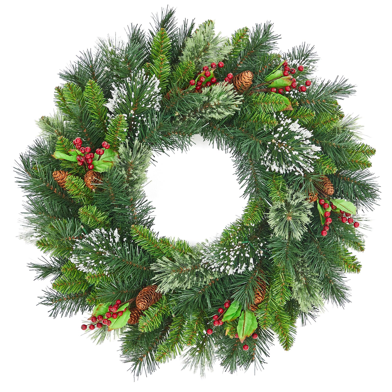 60cm Pre-Lit Decorated Wreath, Christmas Wreath for Front Door, Christmas Door Wreaths with Lights & Red Berries & Pine Cone, Artificial Xmas Garland for Christmas Decorations