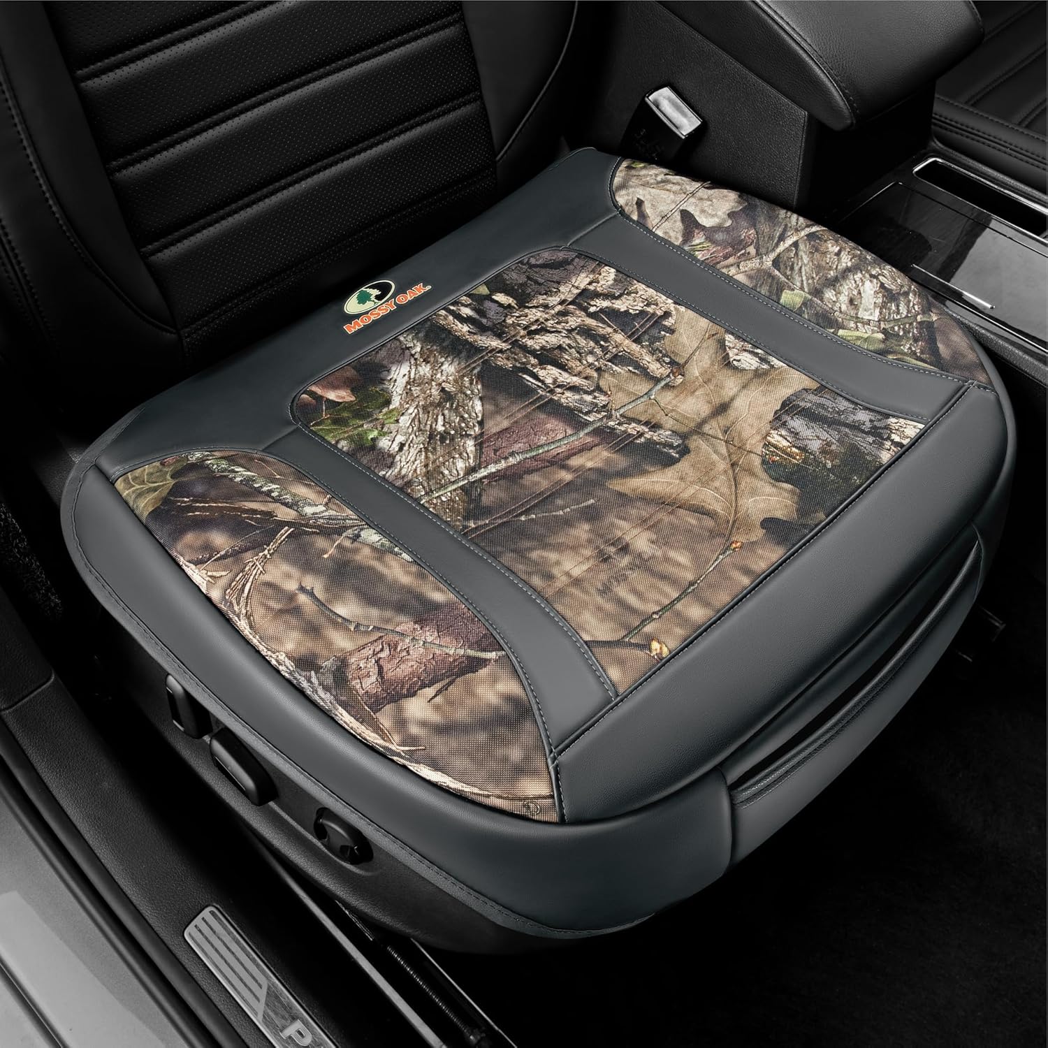 Mossy Oak Car Seat Cover, Luxury Faux Leather Front Bottom Seat Cushion Cover, Universal Anti-Slip with Wrap-Around Design and Storage Bags, Suitable for Most Vehicles - Gray Color 1 Piece