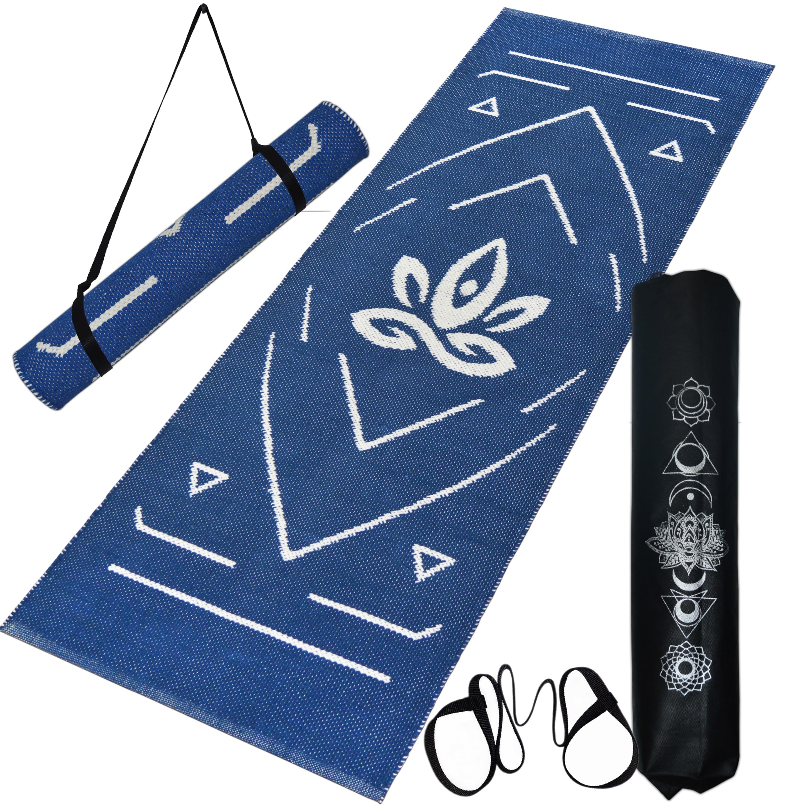 Premium Cotton Yoga Mat for Women Men with Assist Guide Lines, 7mm Thick, Size- 2X6 Feet, Strong Anti-Slip Mat for Home Workout, Pilates BLUE