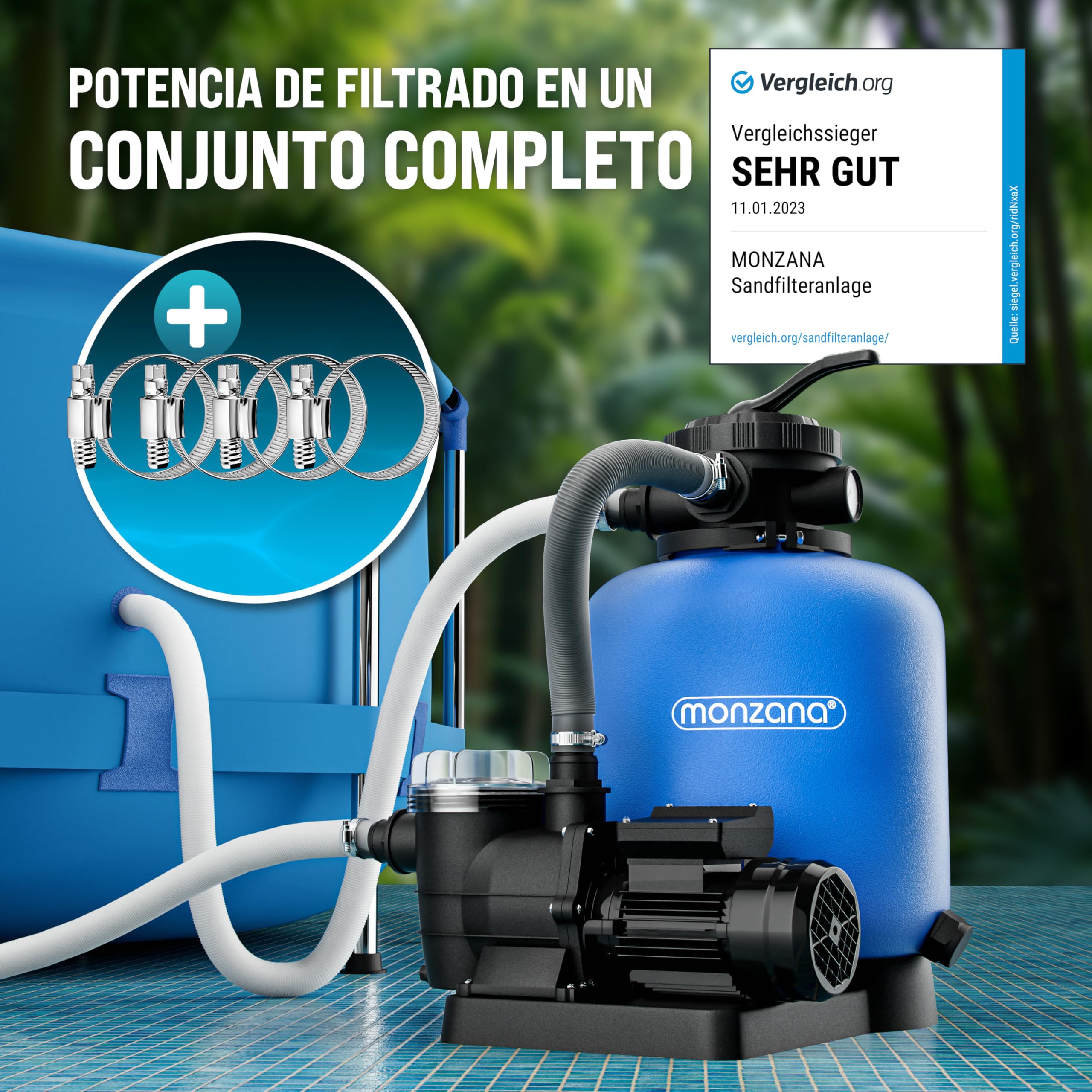 MONZANA® Depuradora Piscina 13.200L/h Filtro de Arena hasta 58.000L con Pre Filtro Válvula 7 Funciones Filtrado 600W Adaptador Ø32-38mm Bomba Indicador de Presión