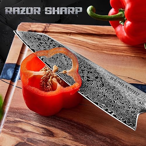 Miniatura 4 de Miyamoto Cuchillo de chef de Damasco de 8 pulgadas, acero de 67 capas, hoja ultra afilada de alto carbono con mango de resina para cortar y tallar
