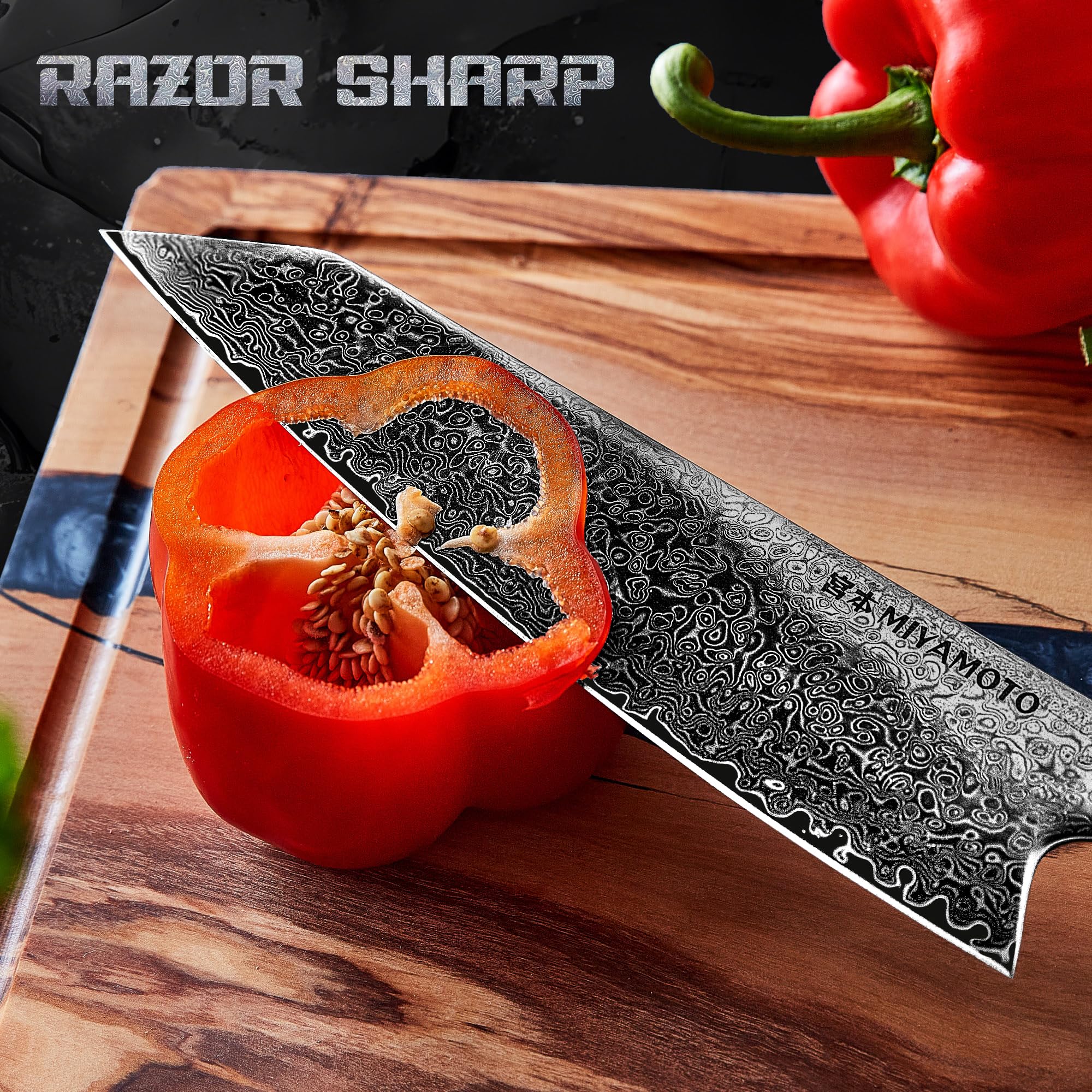 Miyamoto 8-Inch Japanese Damascus Chef Knife, 67-Layer Steel, Ultra-Sharp High Carbon Blade with Resin Handle for Precision Chopping and Carving — Amazon image 4