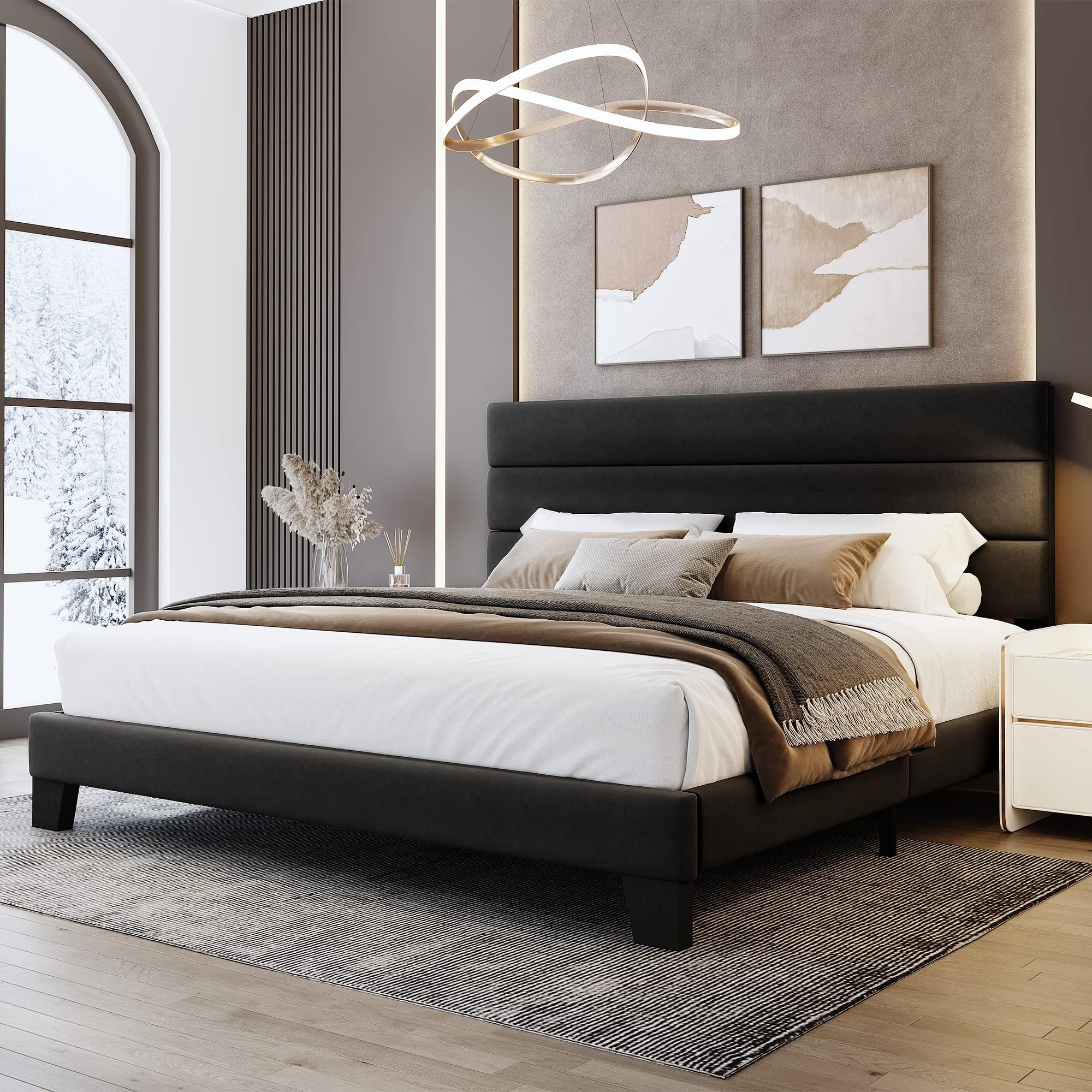 King Bed Frame Platform Bed with Velvet Upholstered Headboard and Wooden Slats Support, Heavy Duty Mattress Foundation, No Box Spring Needed, Easy Assembly, Black