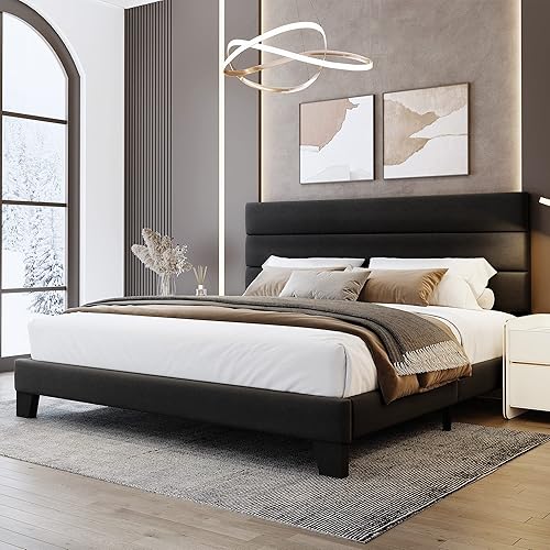 Miniatura 14 de WEEWAY Base de cama Queen con cabecera tapizada de terciopelo y soporte de listones de madera, base de colchón resistente, no necesita somier, fácil