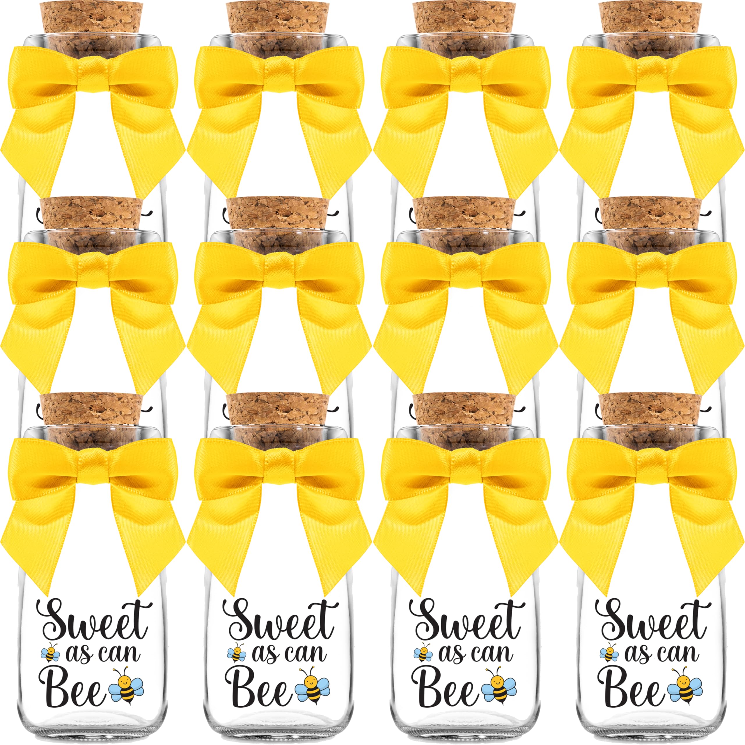 Ethisa Vintage 12 Pack Bee Party Favor Glass Bottles with Ribbons and Stickers - Classy Baby Shower and Birthday Souvenir for Guests and Table Centerpiece Decoration - Sweet as Can Bee Honey Candy Jar