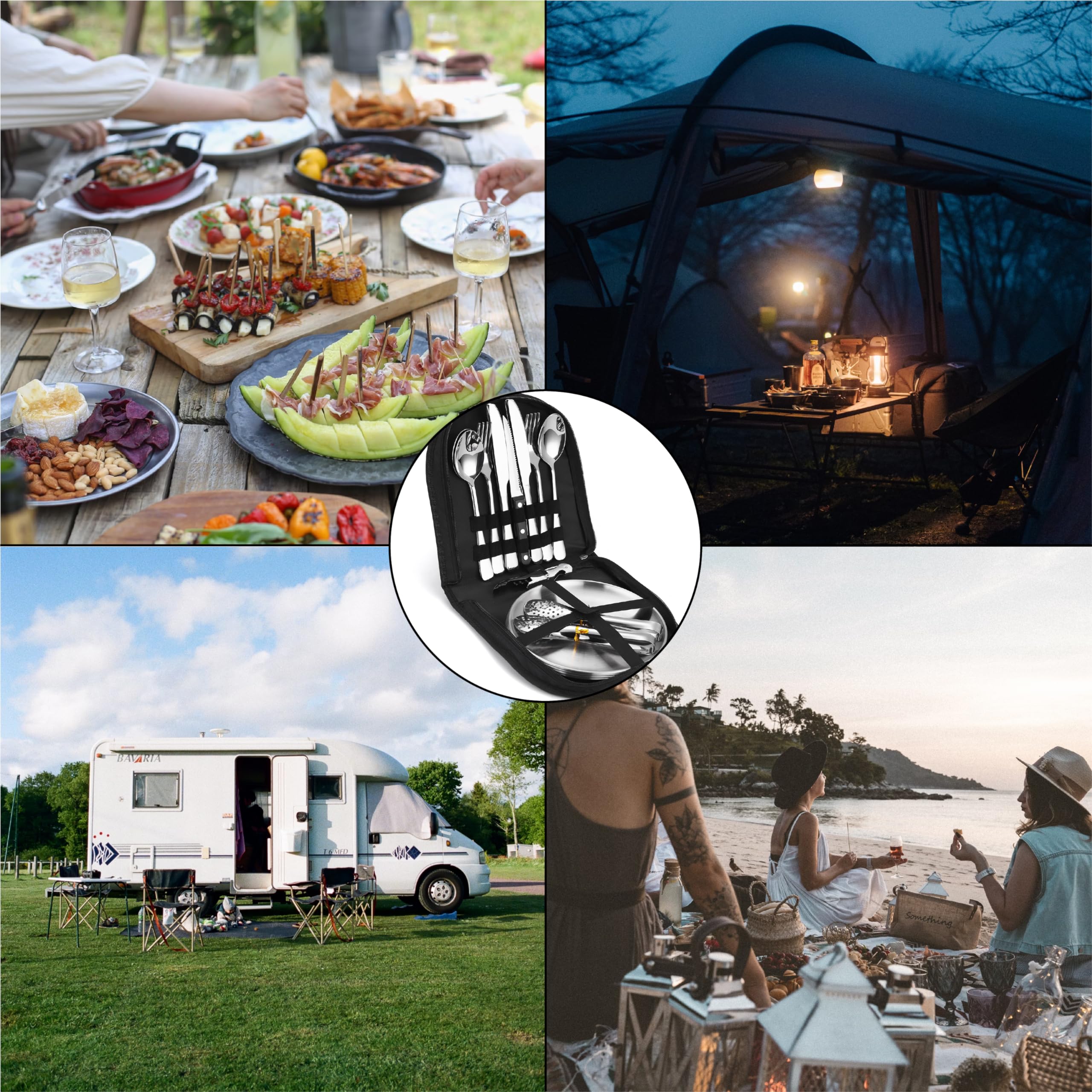 28-teiliges Camping-Geschirr-Set Für 4 Personen – Edelstahl-Kochgeschirr Mit Tellern, Schüsseln, Tassen & Besteck