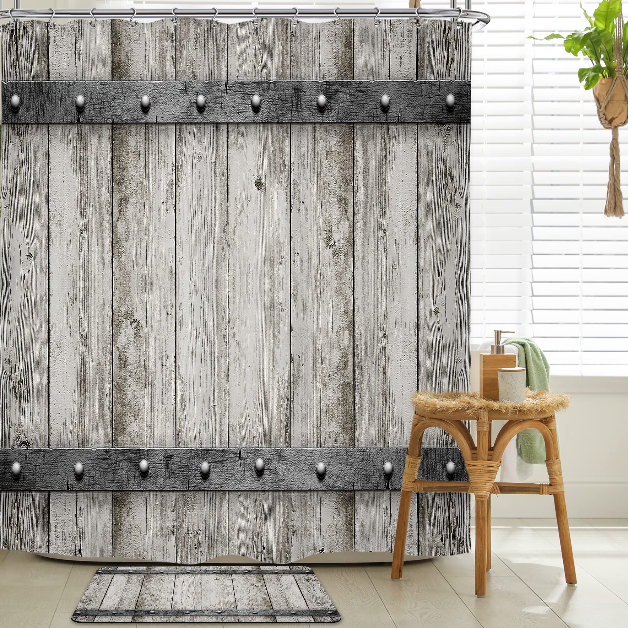 Riyidecor 2PCS Rustic Barn Door Shower Curtain 60Wx72H Inch with Bathroom Rug Set Wood Plank Wooden Vintage Retro Decor Bath Contour Mat Nonslip Washroom Decor Polyester Shower Accessories
