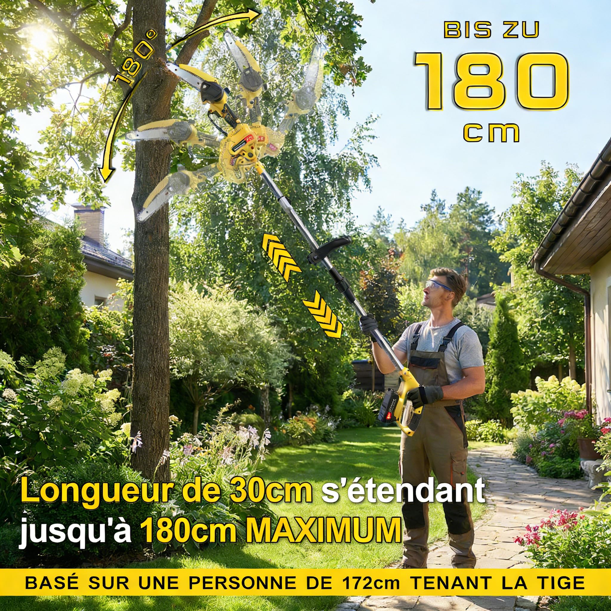 Taille-Haute Batterie 2 en 1, Tronçonneuse 6 Pouces et Taille-Haute Électrique avec 2×2.0Ah Batterie, Tige Télescopique Jusqu'à 1.72m, Taille-Haute pour Branches d'Arbres et Coupe de Bois