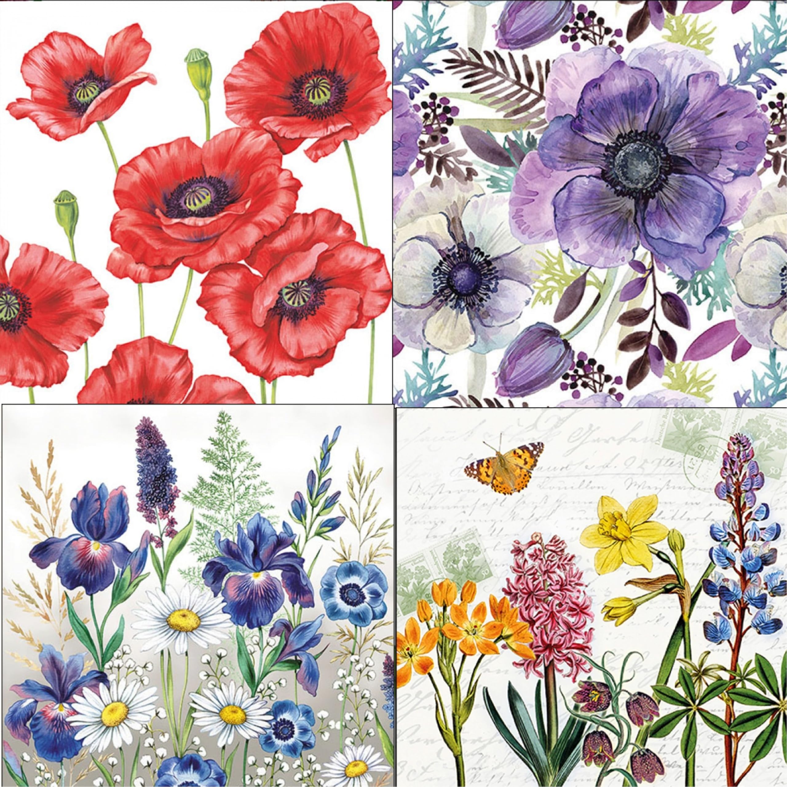 decoupage napkins floral print set 16-4 decoupage tissues -1 napkins of each design - total 4 pc