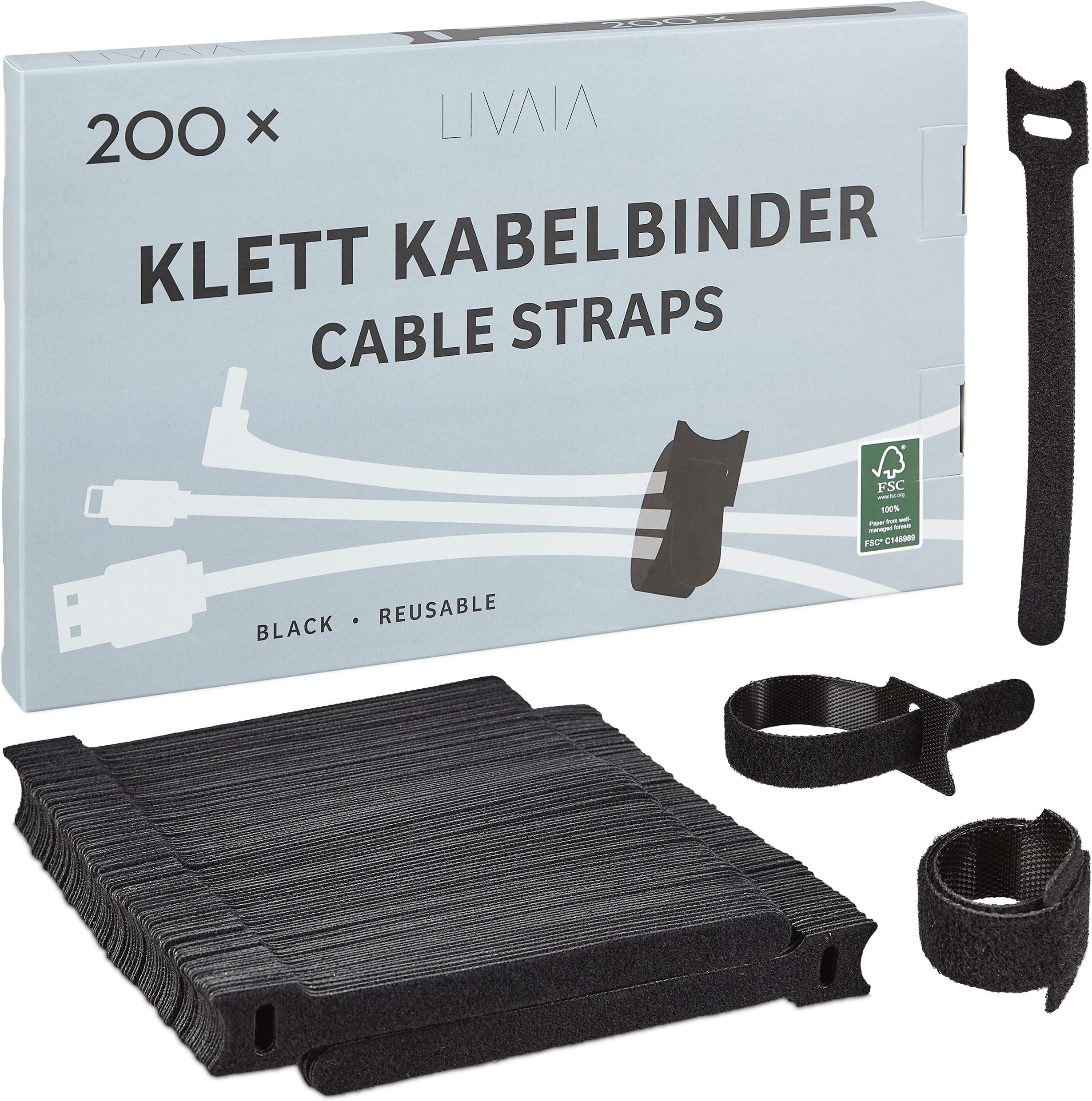 Klett-Kabelbinder Wiederverwendbar | Set Klettband Schwarz | Praktisch Für Kabelmanagement