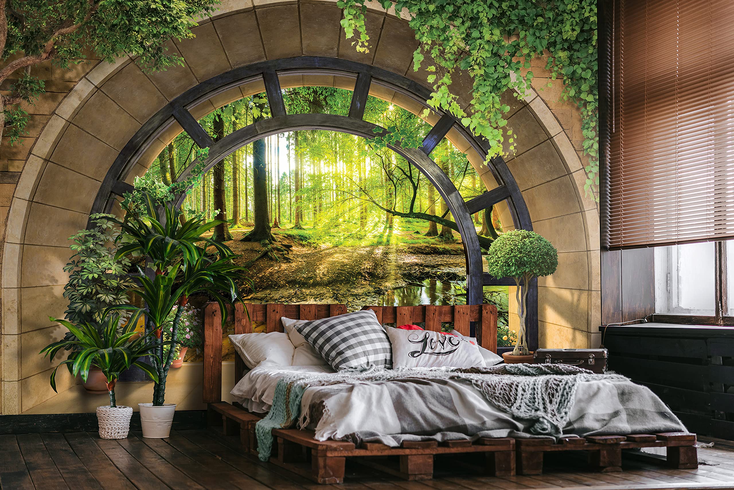 Carta Da Parati Decorativa Portale Magico - Vista Da Una Finestra Su Paesaggio Forestale E Fiori Su Sfondo Di Parete In Legno - Effetto Profondità - Foto 8