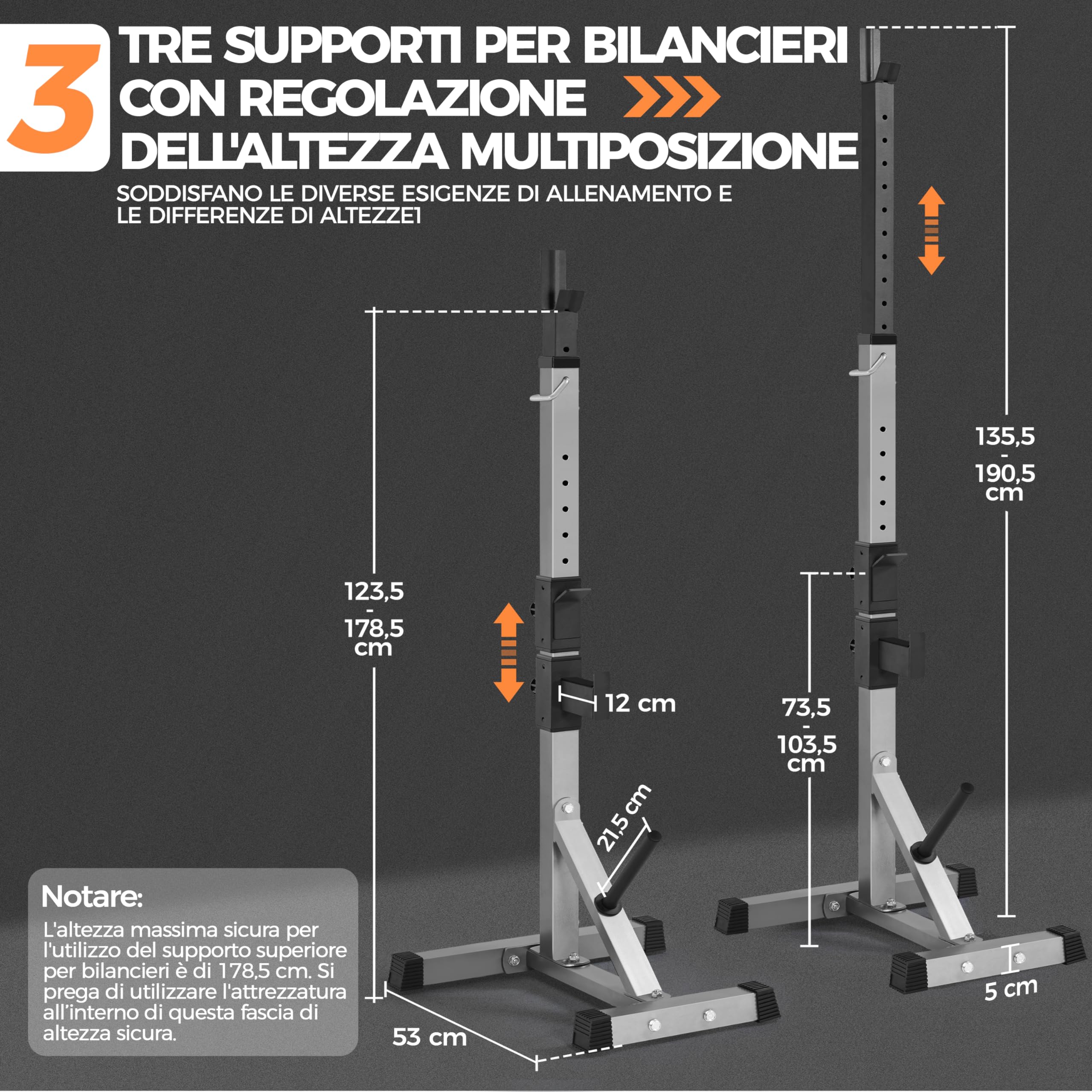 Yaheetech Rack da Squat Regolabile Coppia Rastrelliere Porta Bilancieri Supporti per Bilanciere Squat Rack Squat Supporto Bilanciere a Palestra Casa Ufficio Altezza 135-190cm Max 300 kg Nero