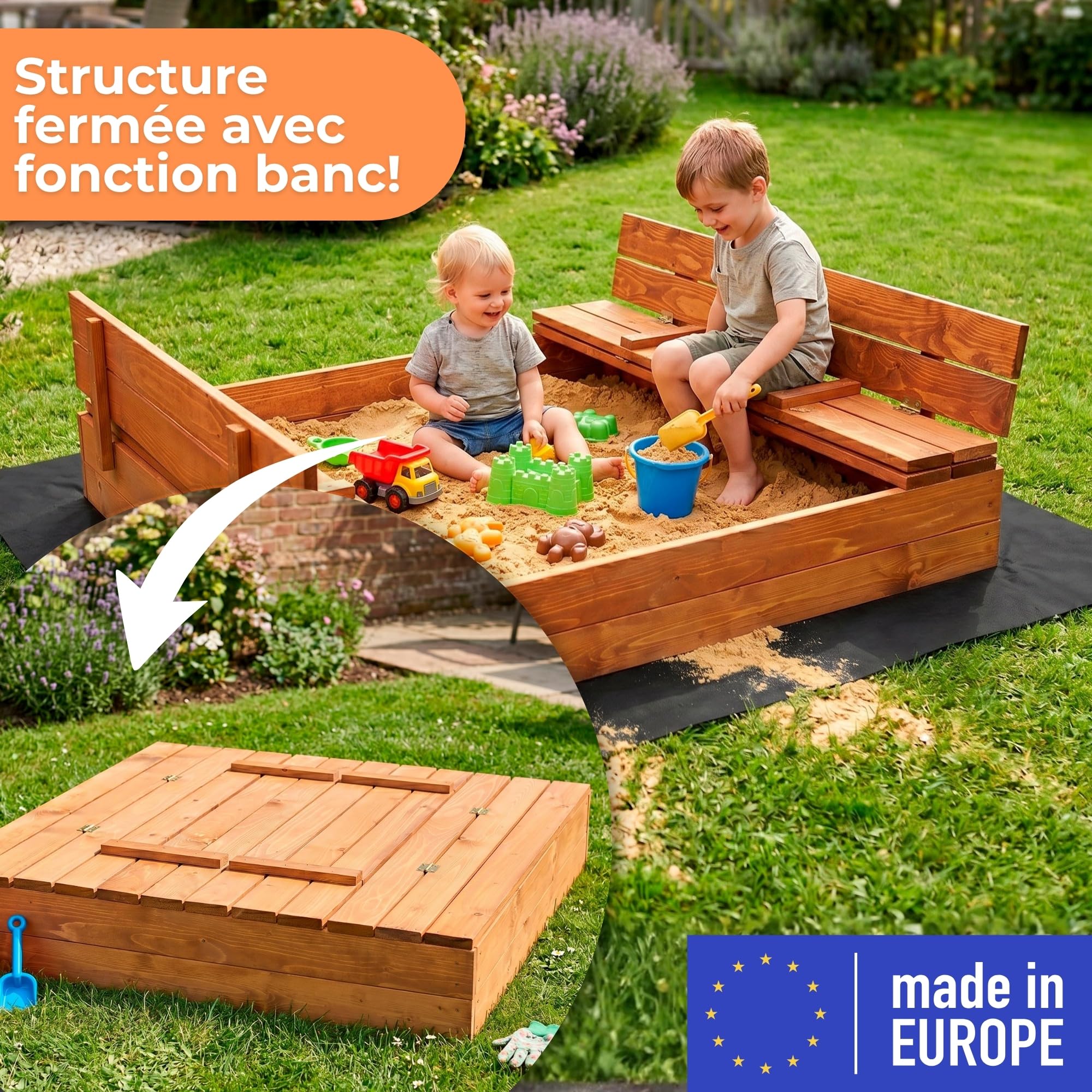 SPRINGOS Bac à Sable Bois 120x120 cm – Couvercle, Bancs, Géotextile, Bâche – Planches 18-20 mm, Bords Arrondis, Traitement Écologique – Fabriqué en Pologne