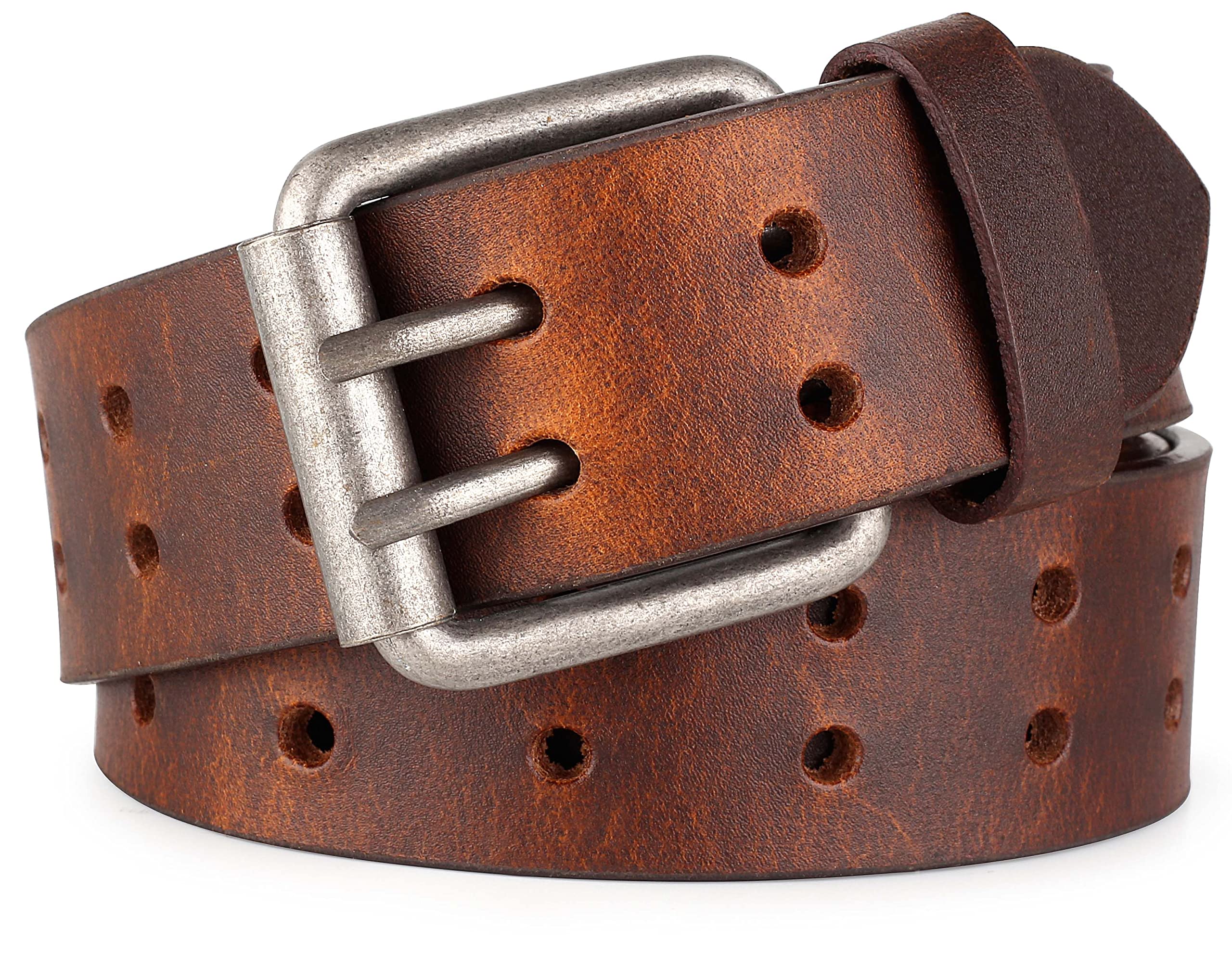F&L CLASSIC Leather Work Belt, Heavy Duty Double Prong Genuine full grain Leather Belts for Men 1 1/2