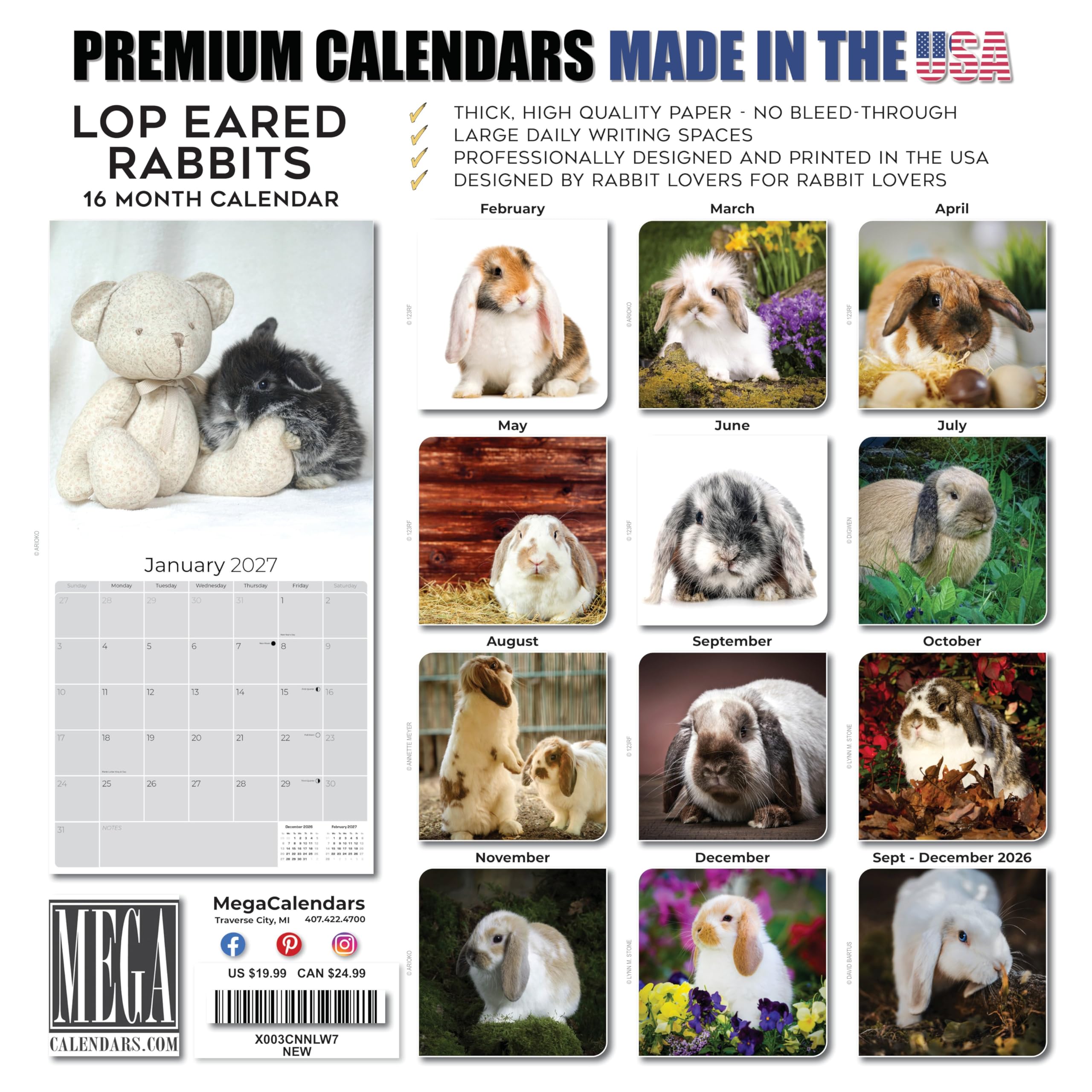 2023 2024 Lop Eared Rabbit Kalender – Niedlicher Tier-Monats-Wandkalender – 30,5 x 61 cm offen – dickes Papier ohne Blättchen – Geschenk – Akademischer Lehrerplaner Kalender Organisieren & Planen