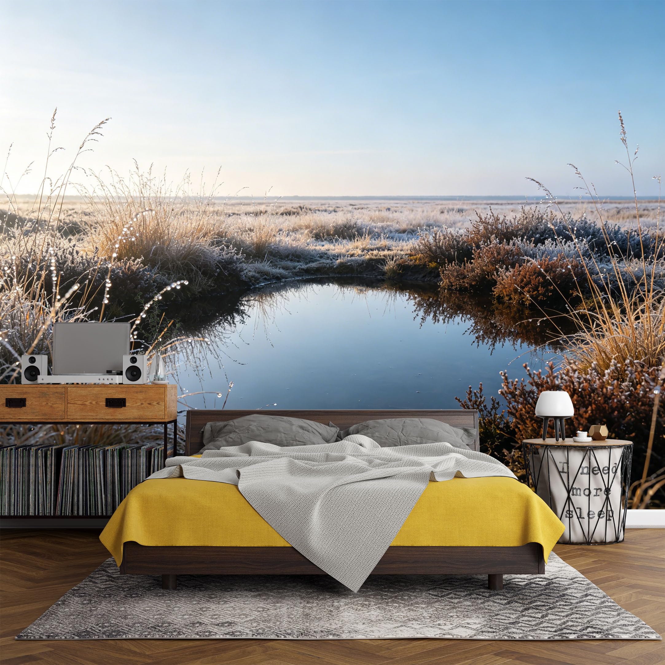 Custom Size Wall Mural， Landscape Frost Meadow Pond Sunrise Nature Scenery，SelfAdhesive Art Prints wall Fabric (No PVC) Removable Wallpaper Living Room Decor