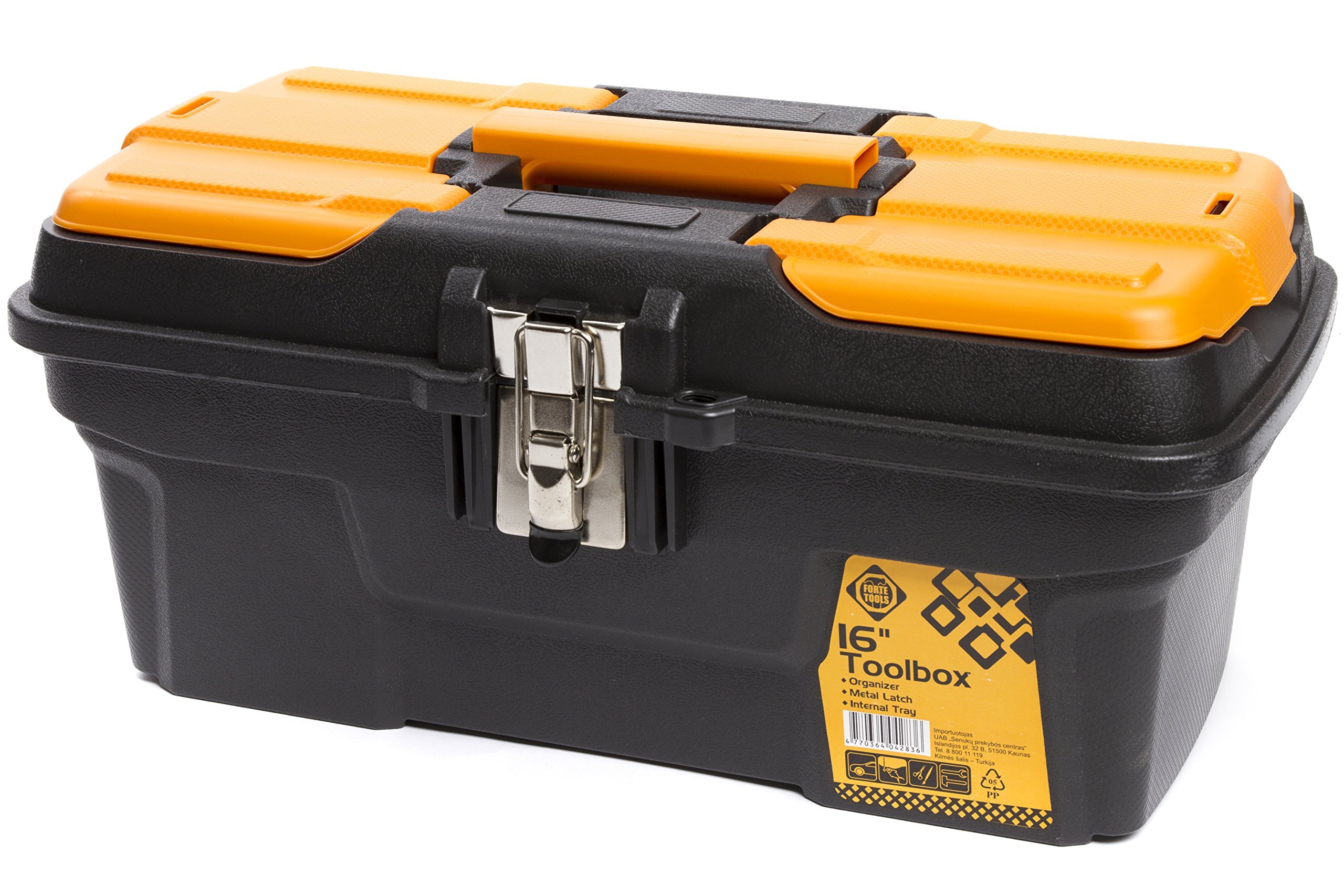 Forte Tools Orange,Black Toolbox Organiser Case With Metal Latches And Internal Tray, 16 Inch