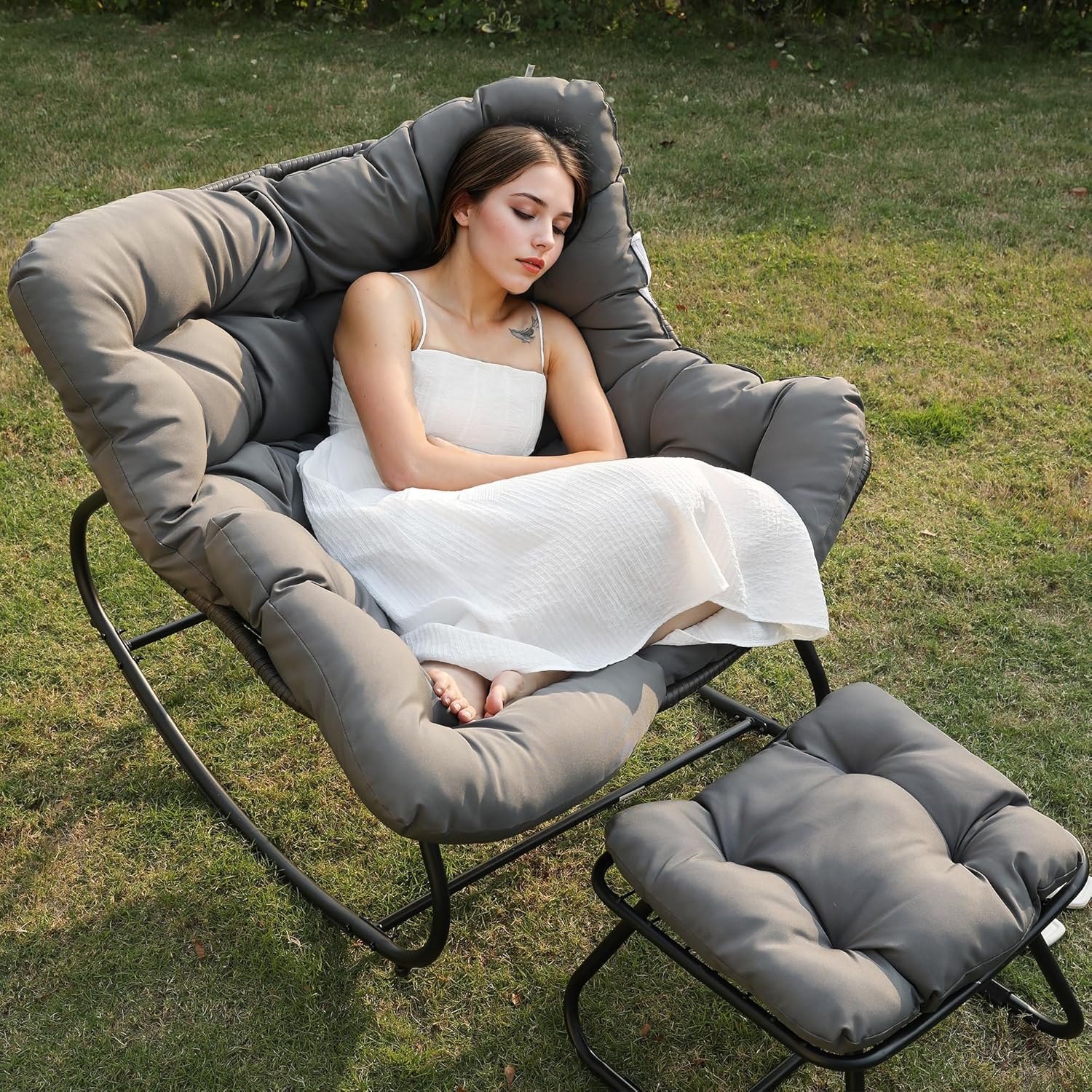 Wisteria Lane Patio Rocking Chair with Ottoman, Outdoor Indoor Rocking Egg Chair with Cushions, Metal Lounge Chair Oversized Papasan Chair, Outdoor Wicker Reading Chair for Porch Garden, Dark Grey