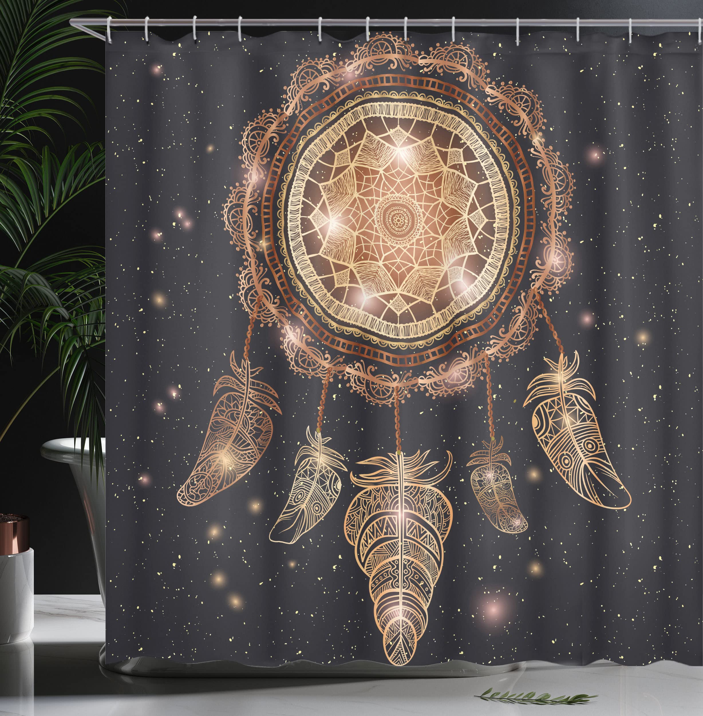 ABAKUHAUS Mandala Shower Curtain, Dreamcatcher Motif Magic Feathers Hippie Design on Starry Backdrop - Image 3