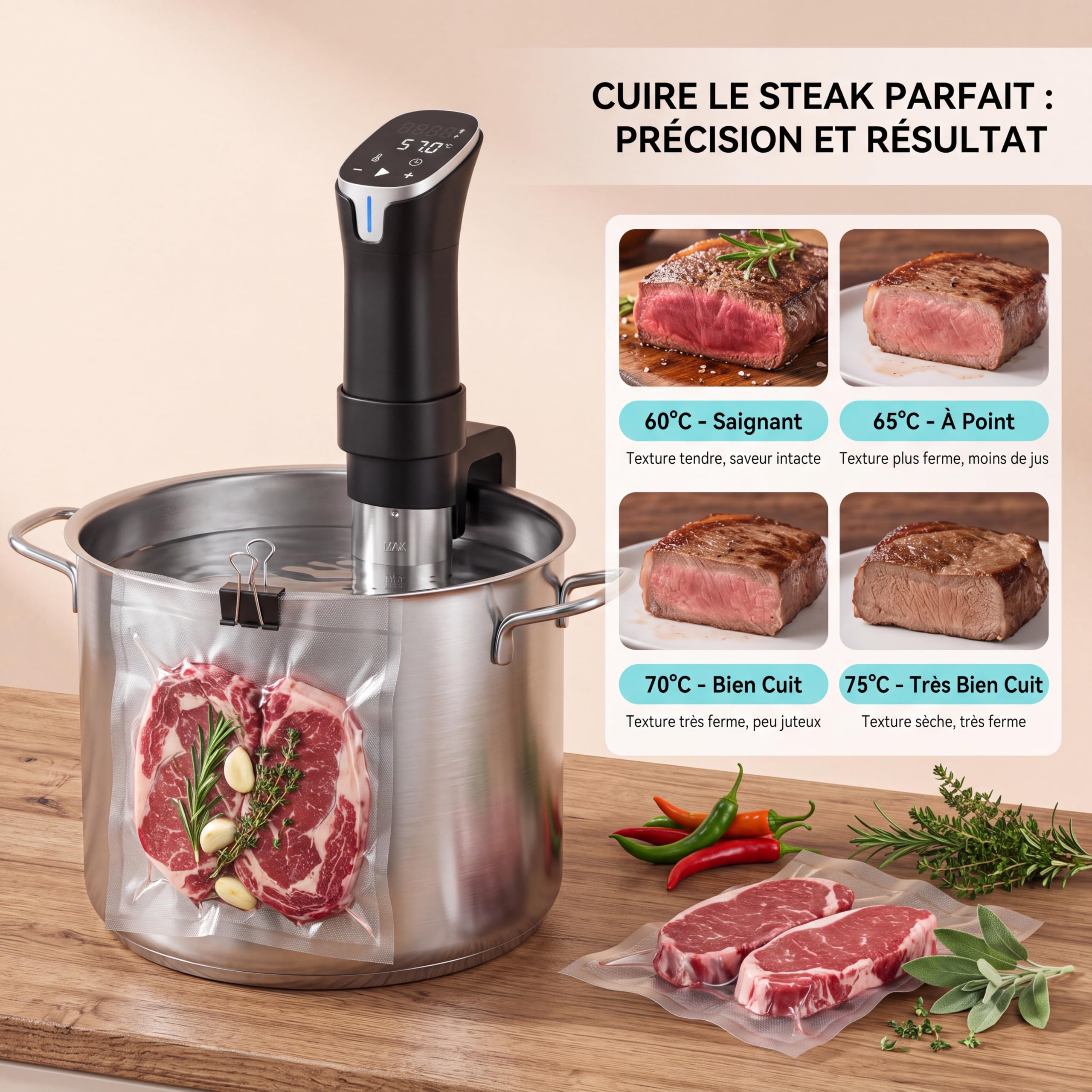 Roame Cuiseur Sous Vide 1100W, WiFi App, Thermoplongeur LCD, IPX7