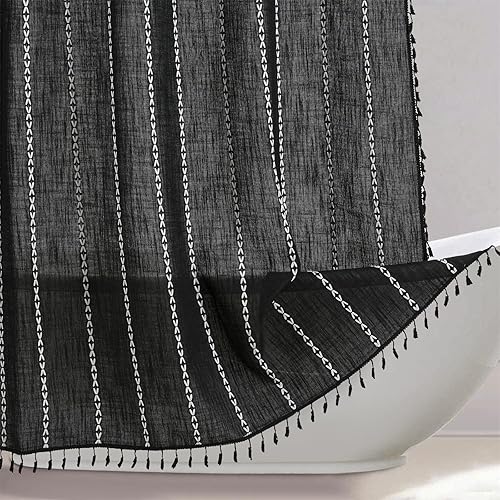 RoomTalks Juego de cortina de ducha bohemia negra con borlas, de alta calidad, resistente, moderna, estilo granja, vintage, decoración de baño,