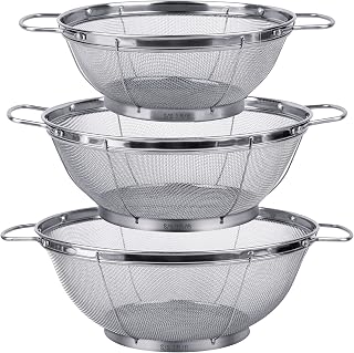 Tiawudi 3-Pack 18/8 Stainless Steel Colanders (3Qt, 4Qt, 5Qt) - Mesh Strainers with Handles & Base for Pasta, Veggies, Rice