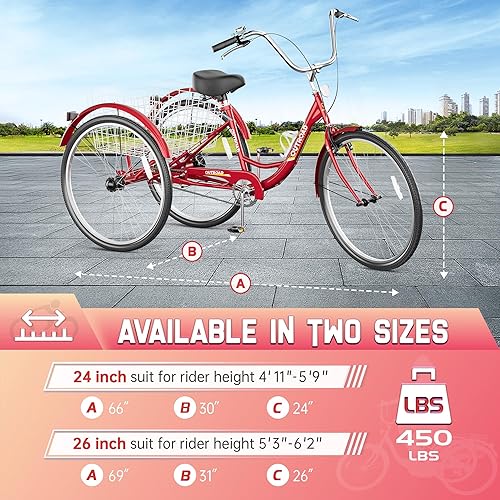 Miniatura 6 de Triciclo para adultos de 1 velocidad, bicicletas de 3 ruedas de 24 pulgadas con canasta grande, bicicleta de crucero para mujereshombrespersonas