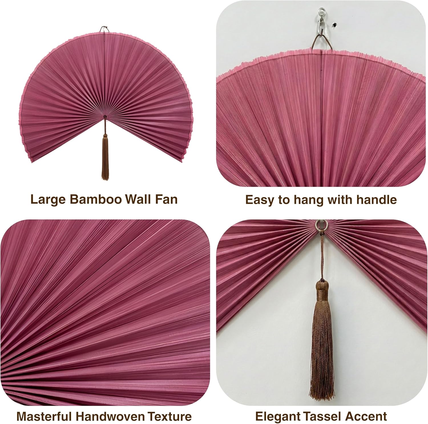Bamboo Wall Fan - 47” Handwoven Bamboo Wall Decor, Japanese Wall Hanging Fan for Bedroom, Fireplace, Natural Asian Wall Art for Boho & Farmhouse with Hook Strap Included (Pink, Large)