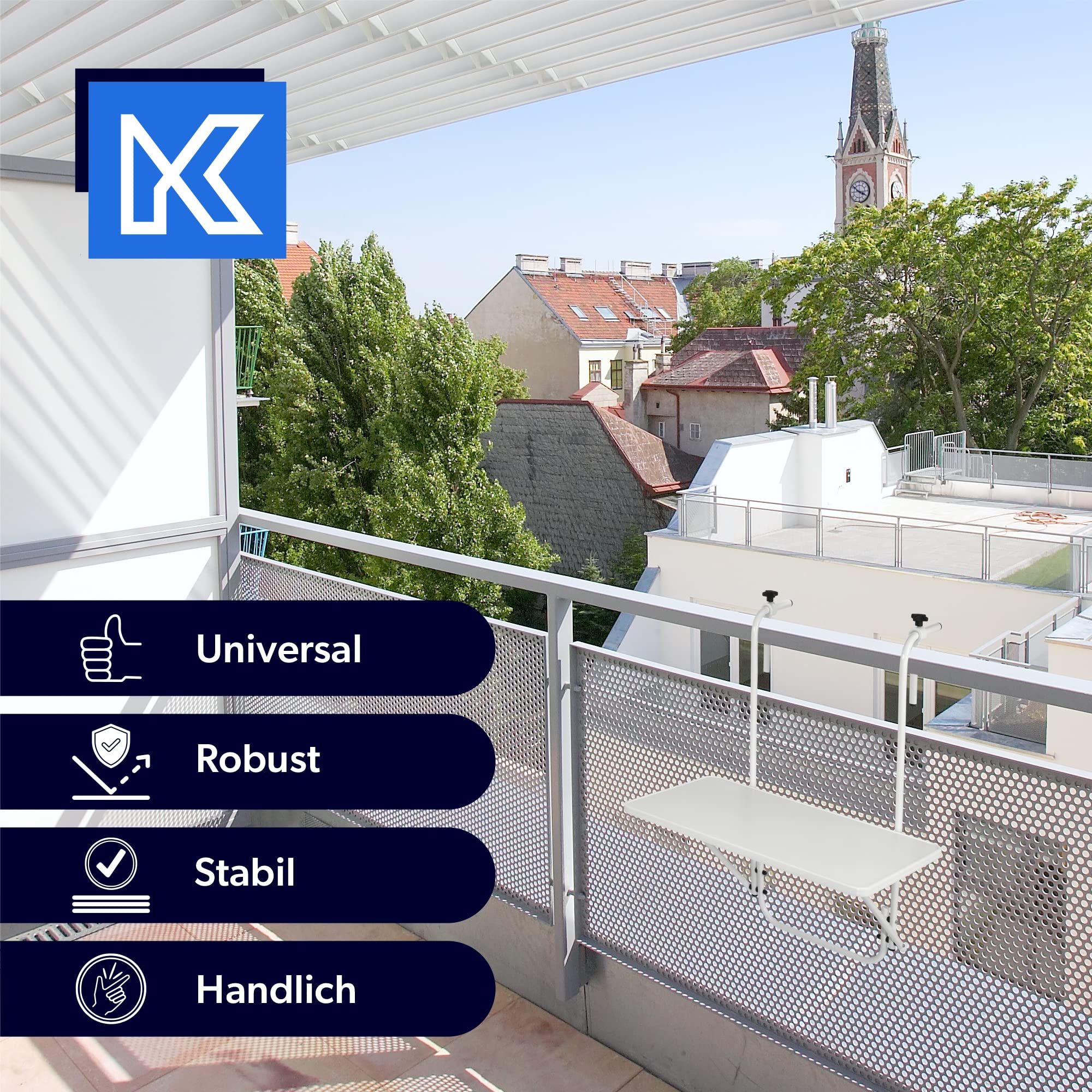 KADAX Hängetisch, Witterungsbeständiger Klapptisch für Balkon, Verstellbarer Balkonhängetisch, Balkontisch zum anhängen, klappbarer Tisch (40 x 60 cm, Weiß)