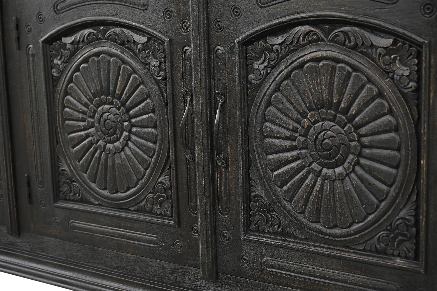 Monte Black Solid Wood Carved Sideboard Cabinet with Floral Details