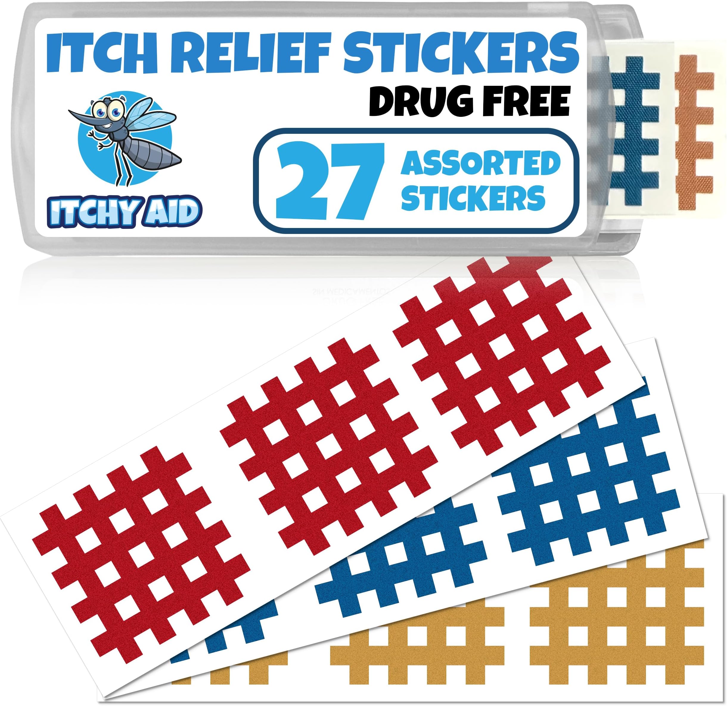 Bug Bite Itch Relief Patches. 27 Stickers for Instant Reducing Itch and Swelling from Mosquitos, Midges, and Sandflies. Kid Friendly Colorful After Bite Treatment.