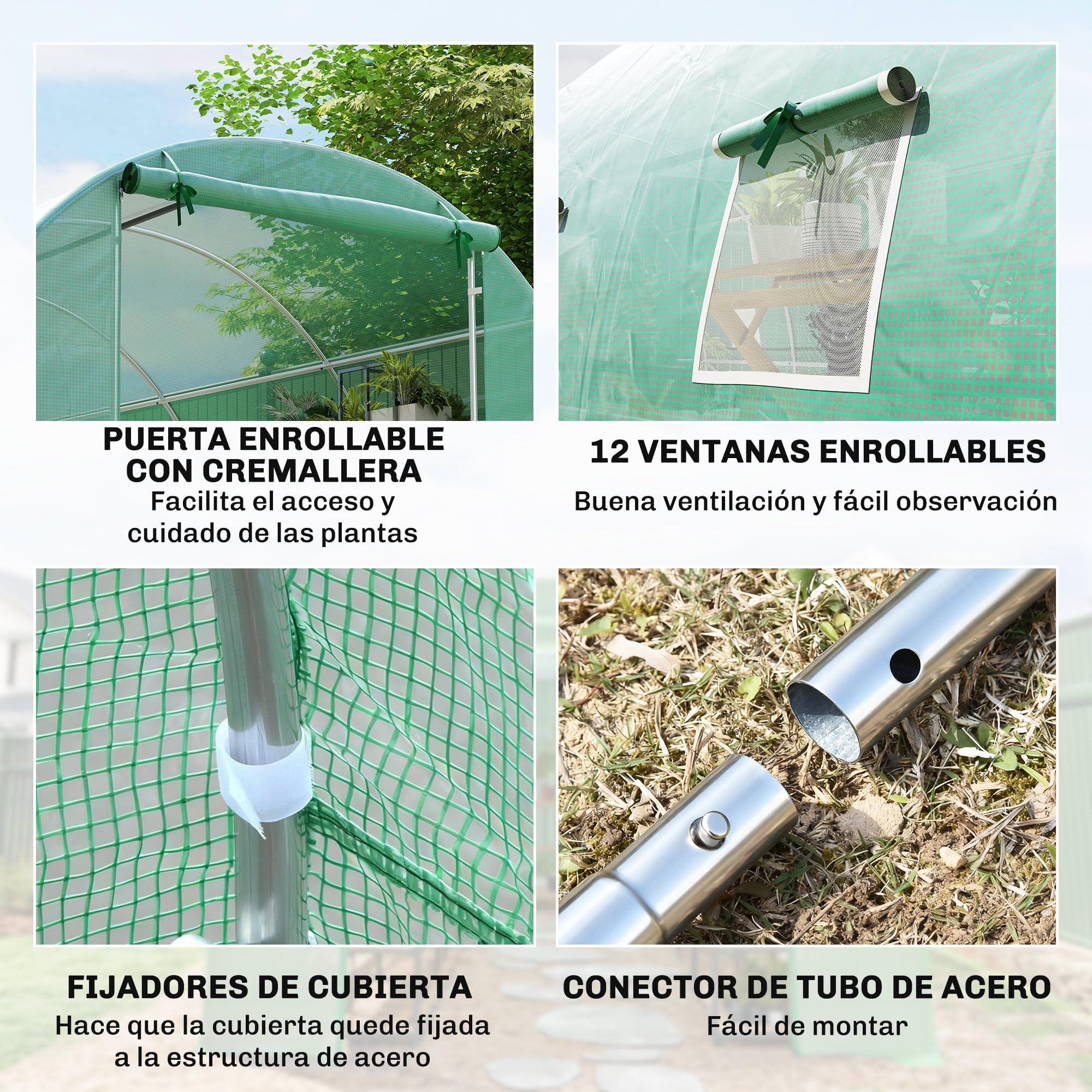 Outsunny Invernadero de Exterior Invernadero de Túnel 8x3x2 m Invernadero de Jardín con 12 Ventanas y Puerta Enrollable para Cultivo Plantas Tomates Verduras Acero y PE 140 g/m² Verde