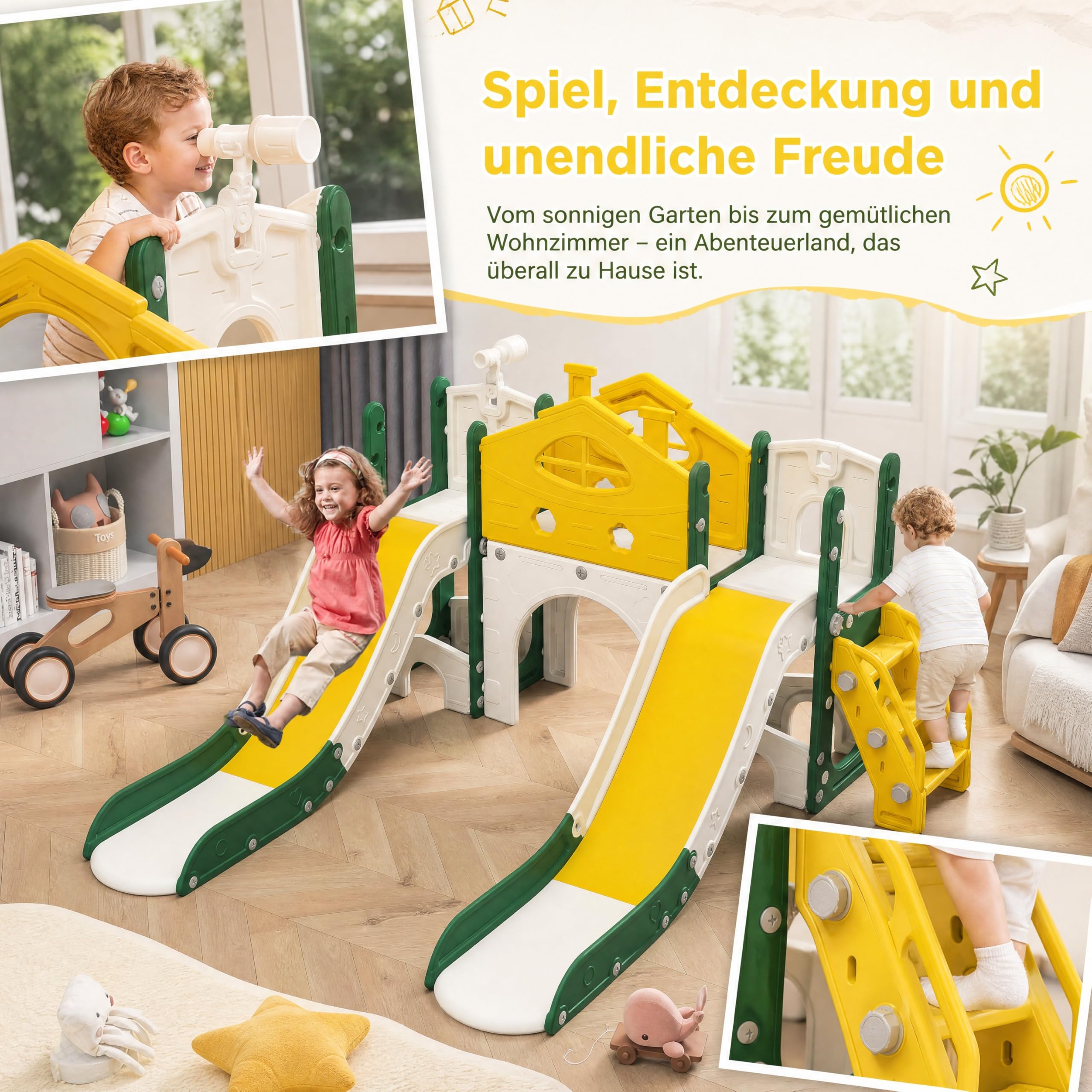 Rutsche für Kinder, 7 in 1, Rutsche für den Außen- und Innenbereich, Rutschenset für Kinder mit Treppe, Rutsche und Tunnel, für Kinder von 1 bis 6 Jahren, Doppelschiene, Gelb