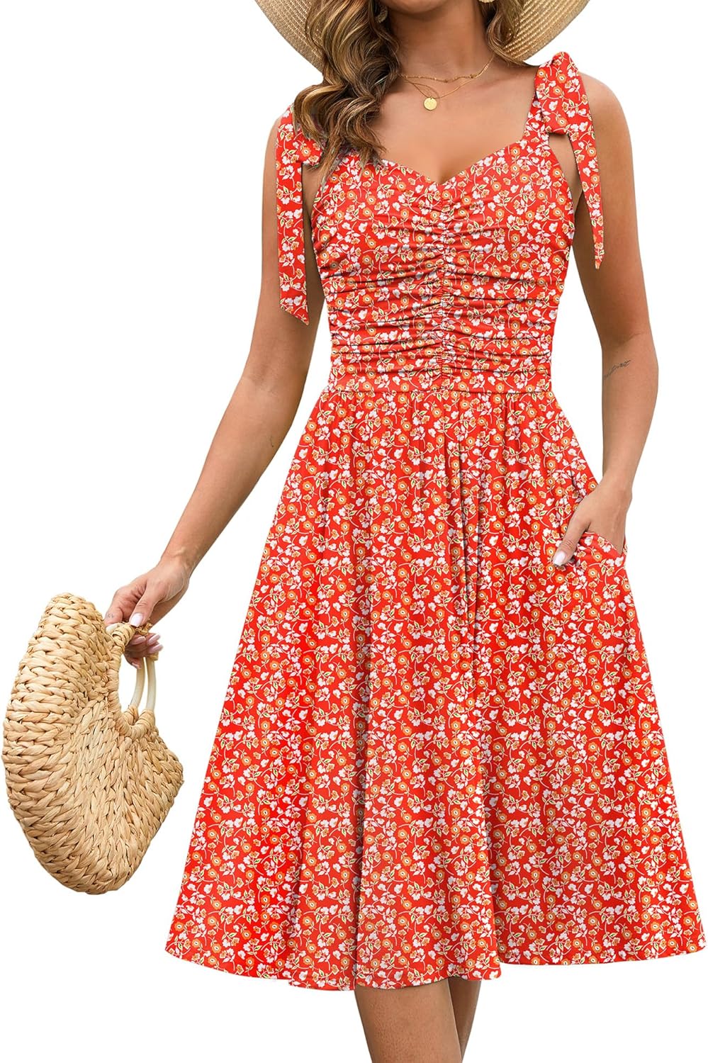 Kranda Women 2025 Summer Fall Ruched Midi Dress Casual Spaghetti Strap V Neck Flowy Boho Floral Sundress with Pockets